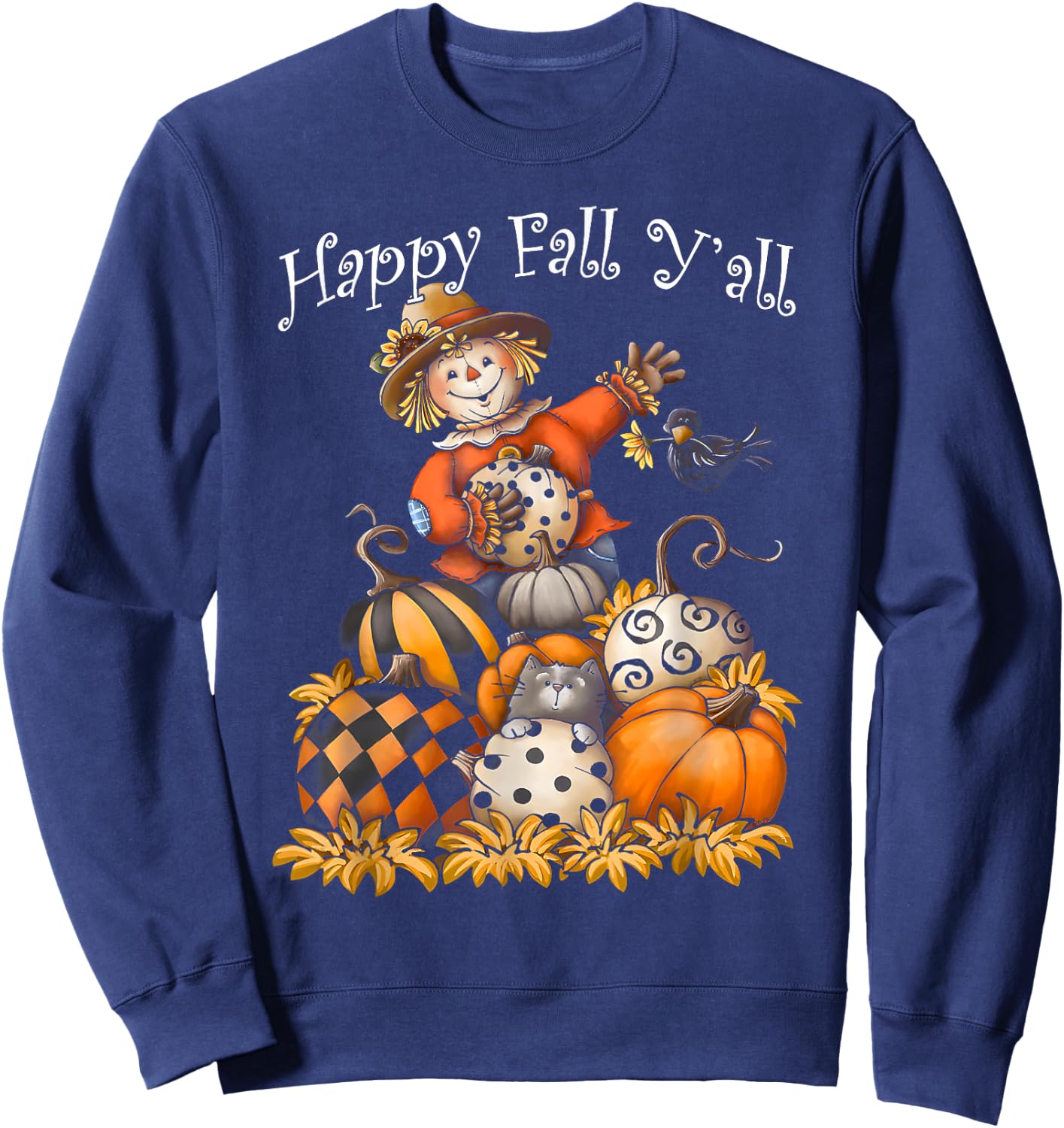 Scarecrow Happy Fall Y'all Pumpkin Thanksgiving Halloween Sweatshirt - Sweatshirt | Navy
