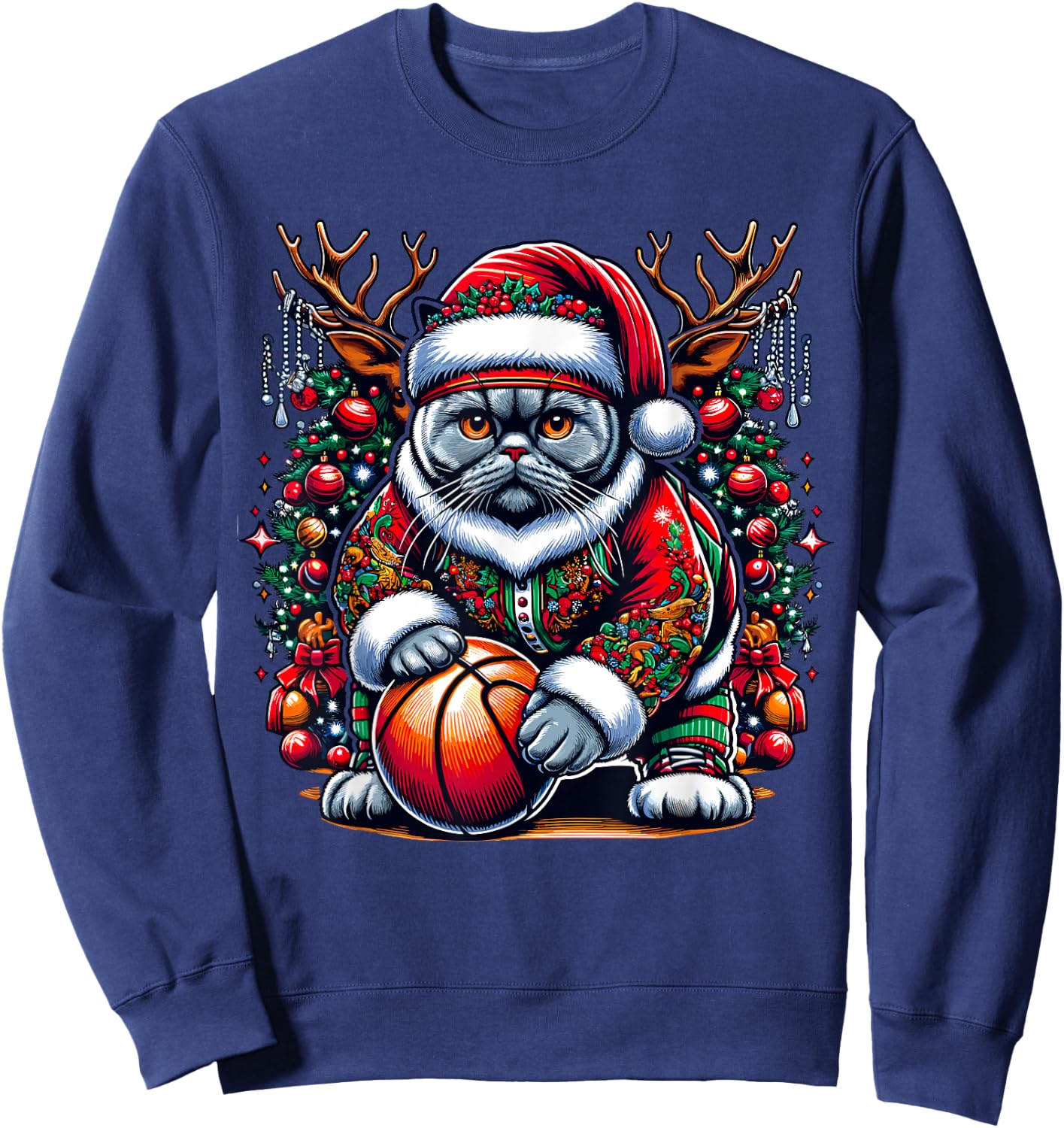 Funny Santa British Shorthair Cat Play Basketball Christmas Sweatshirt - Sweatshirt | Navy