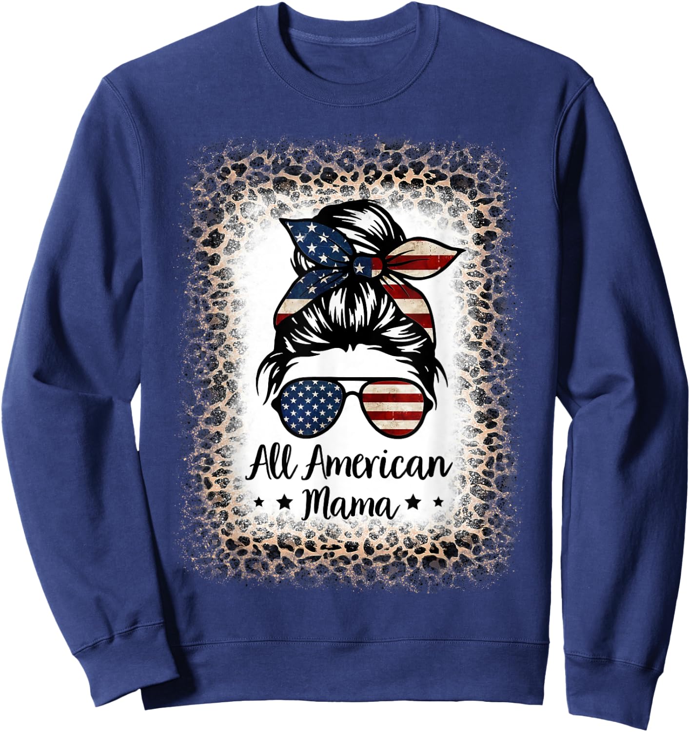 All American Mama Messy Bun Bleached Leopard 4th of July Kids Men Sweatshirt - Sweatshirt | Navy