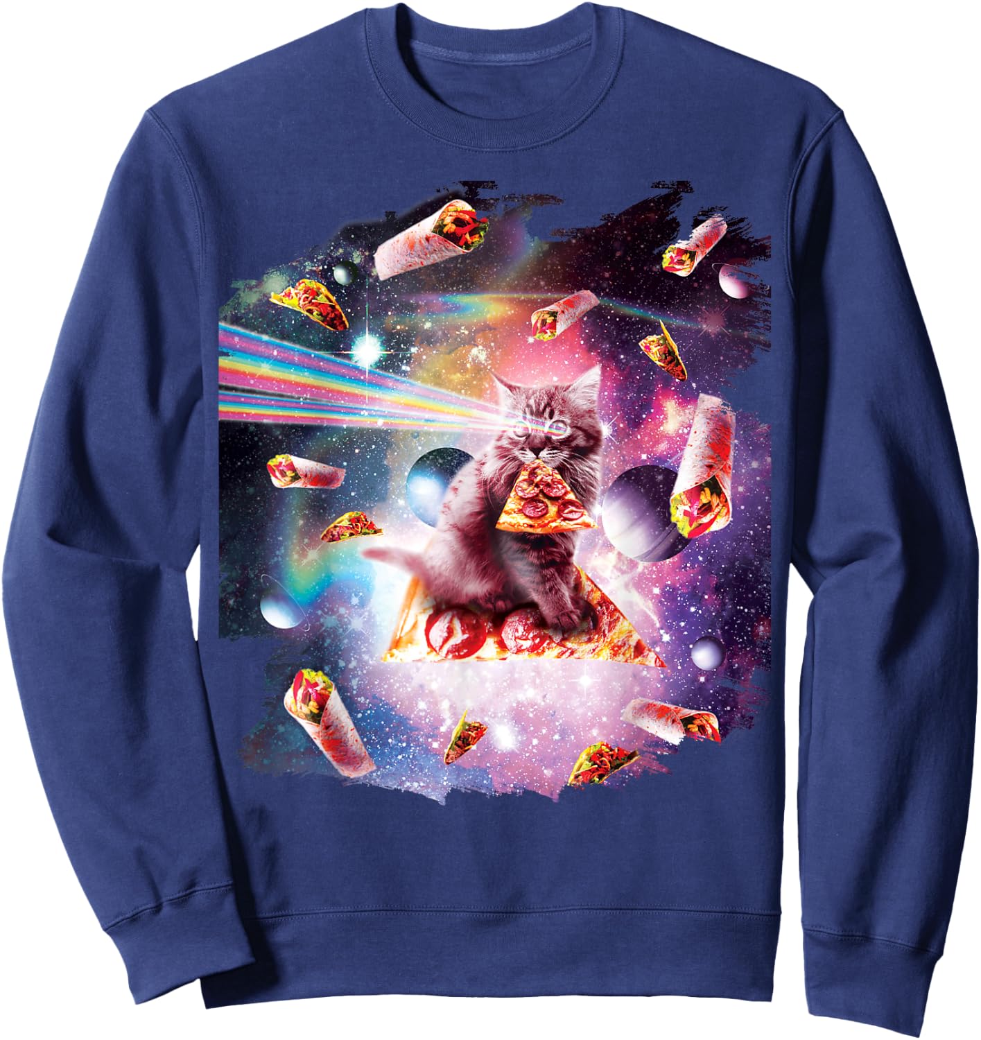 Outer Space Pizza Cat Rainbow Laser Taco Burrito Men Women Kids Sweatshirt - Sweatshirt | Navy