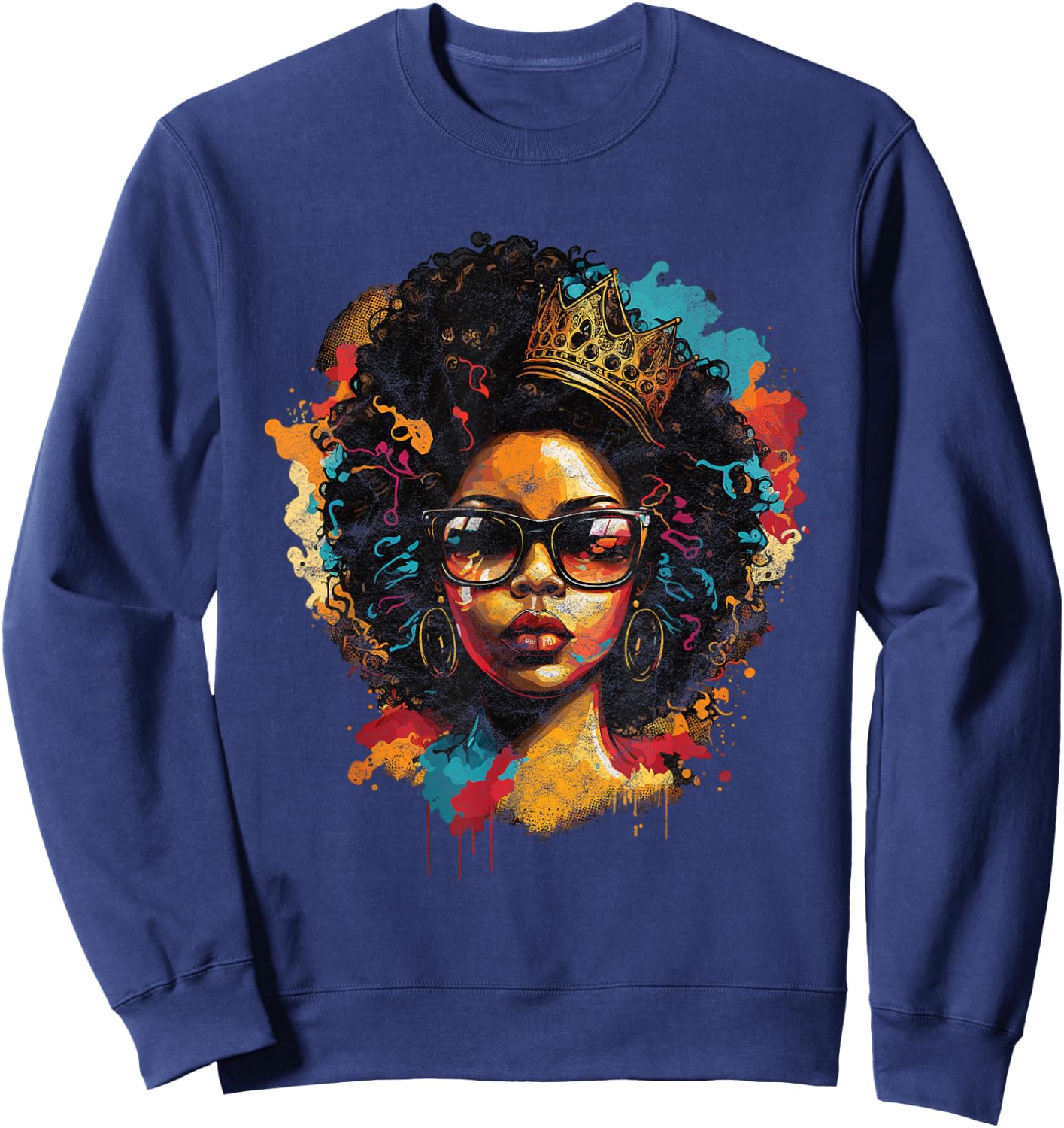 Colorful Art Black Queen Afro Melanin Dripping Juneteenth Sweatshirt - Sweatshirt | Navy
