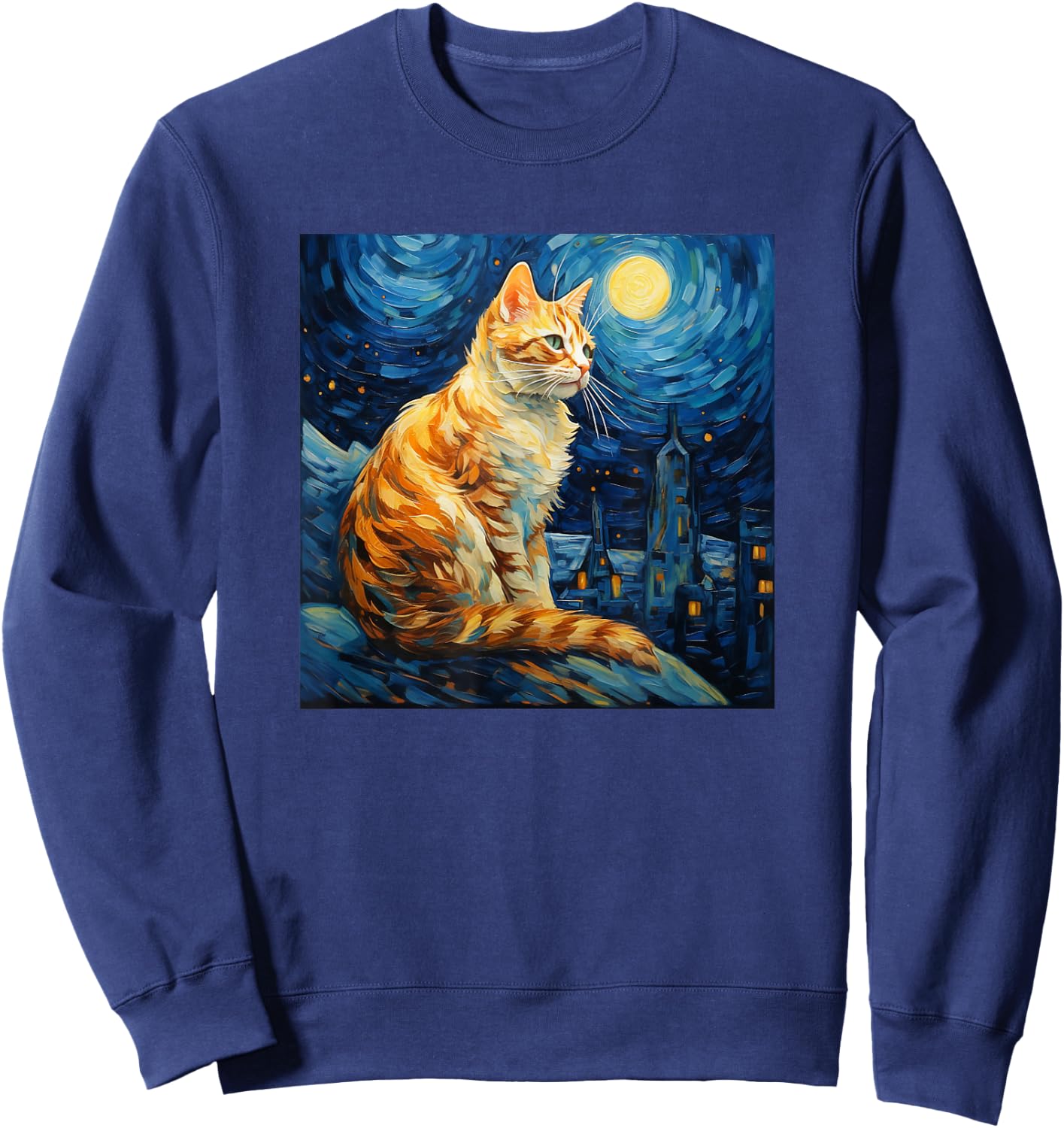 Cat Starry Night lover art Painting kitty kitten Van Gogh Sweatshirt - Sweatshirt | Navy