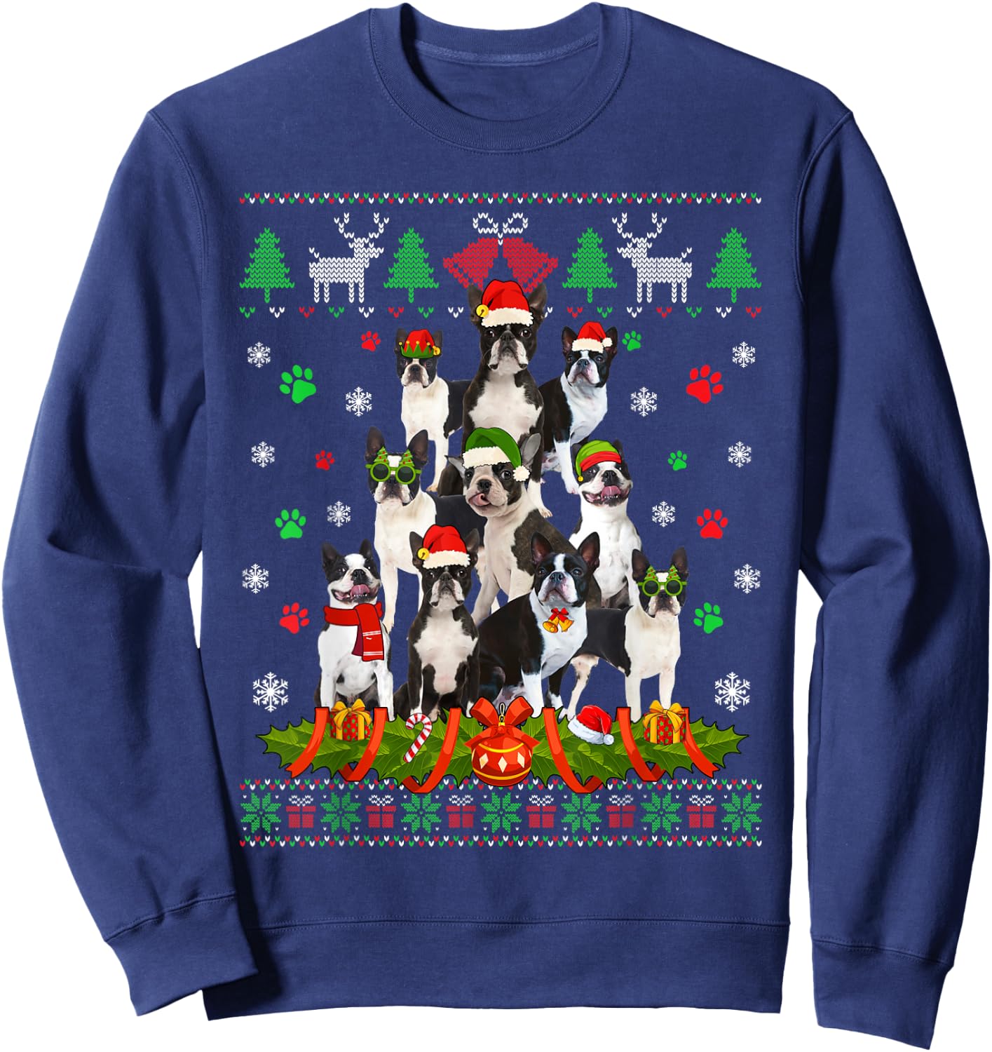 Ugly Sweater Christmas Tree Boston Terrier Dog Xmas Pajama Sweatshirt - Sweatshirt | Navy