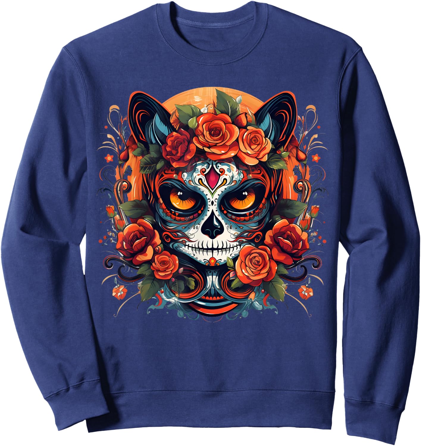 Cute Cat Sugar Skull Mexican Cat Halloween Day Of The Dead Men Women Kids Sweatshirt - Sweatshirt | Navy