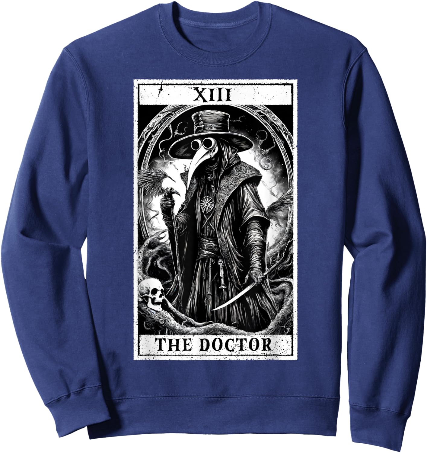 Tarot Card Plague Medical Doctor Magic Occult White on Black Sweatshirt - Sweatshirt | Navy