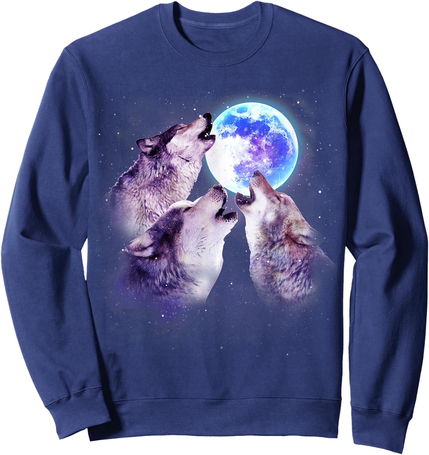 Three Grey Wolf Howling at The Moon 3 Wolves Space Galaxy Sweatshirt - Sweatshirt | Navy