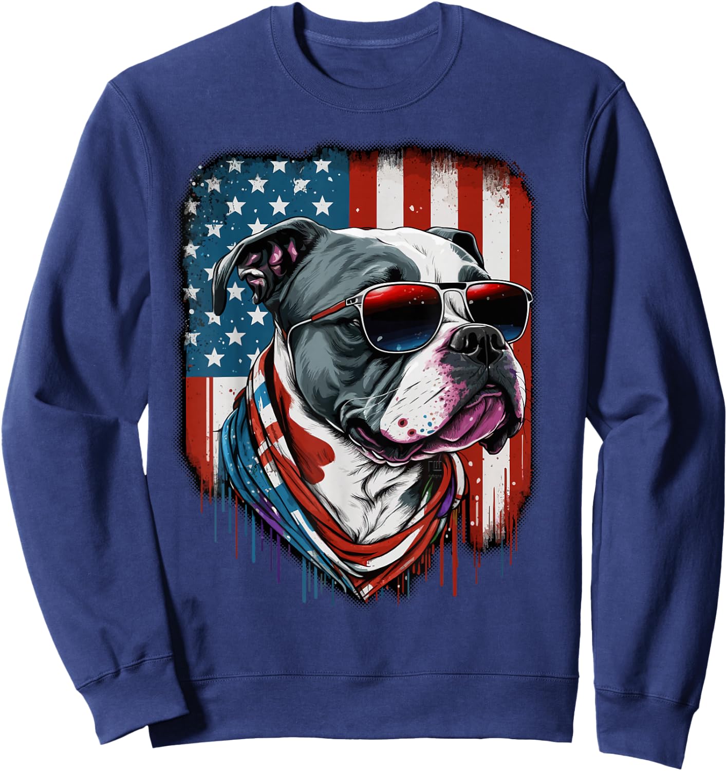 Pitbull Dog Red White Blue American Flag Sunglasses Sweatshirt - Sweatshirt | Navy