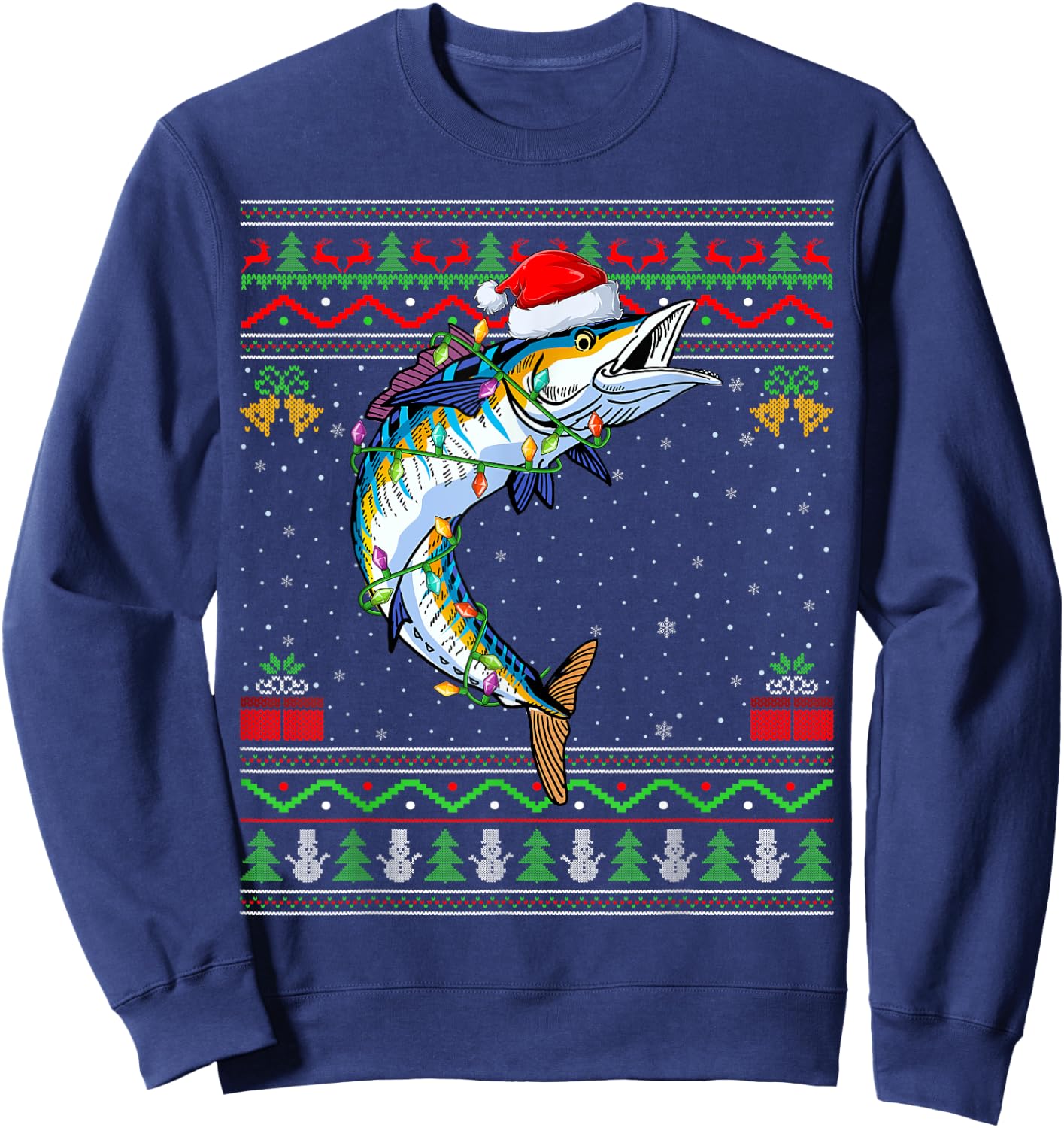 Xmas Lights Ugly Sweater Style Santa Wahoo Fish Christmas Sweatshirt - Sweatshirt | Navy