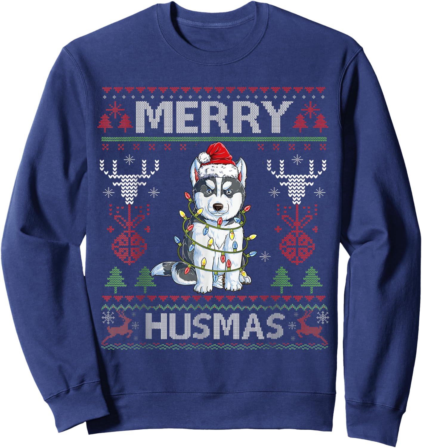 Cute Merry Huskymas Ugly Sweater Husky Christmas Tree Dog Sweatshirt - Sweatshirt | Navy