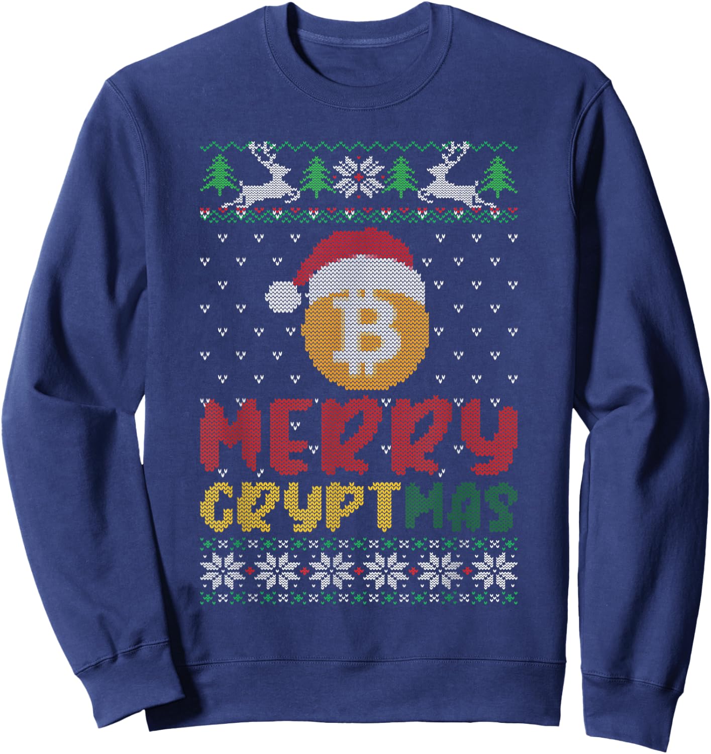 Merry Cryptmas, Ugly Bitcoin Blockchain Santa Hat Christmas Sweatshirt - Sweatshirt | Navy