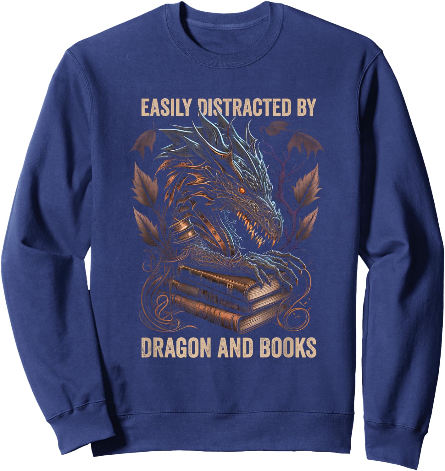 Easily Distracted By Dragons And Books Nerd Dragon Book Sweatshirt - Sweatshirt | Navy