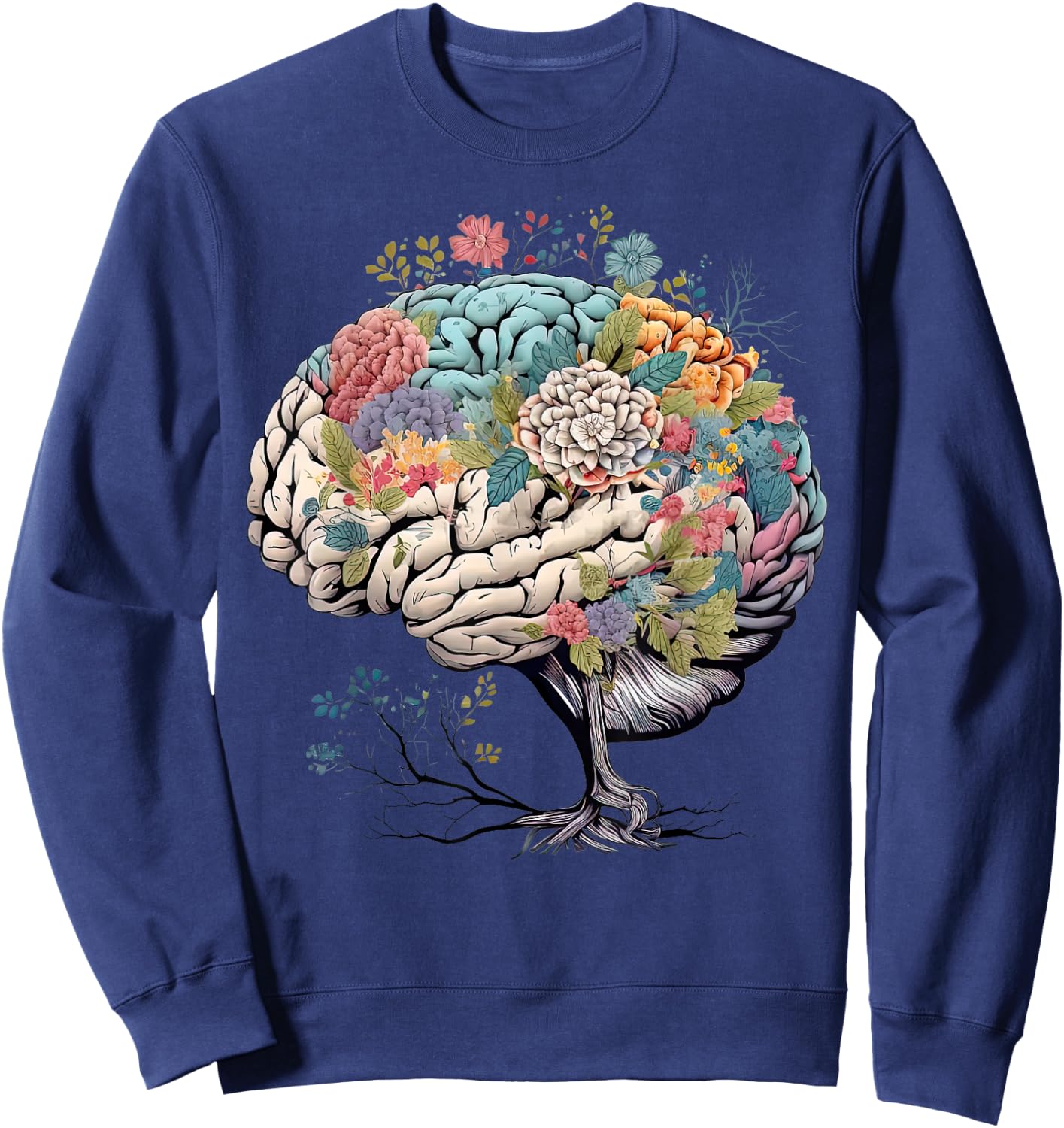 Floral Anatomical Brain Tree Mental Health Awareness Sweatshirt - Sweatshirt | Navy