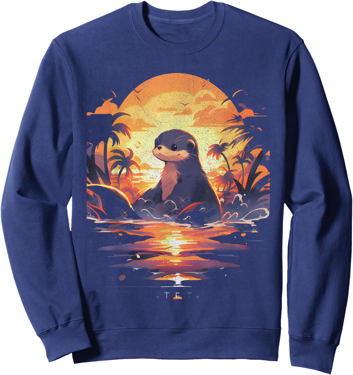 Cute Sunset Otter Tropical Beach Illustration Animal Sweatshirt - Sweatshirt | Navy