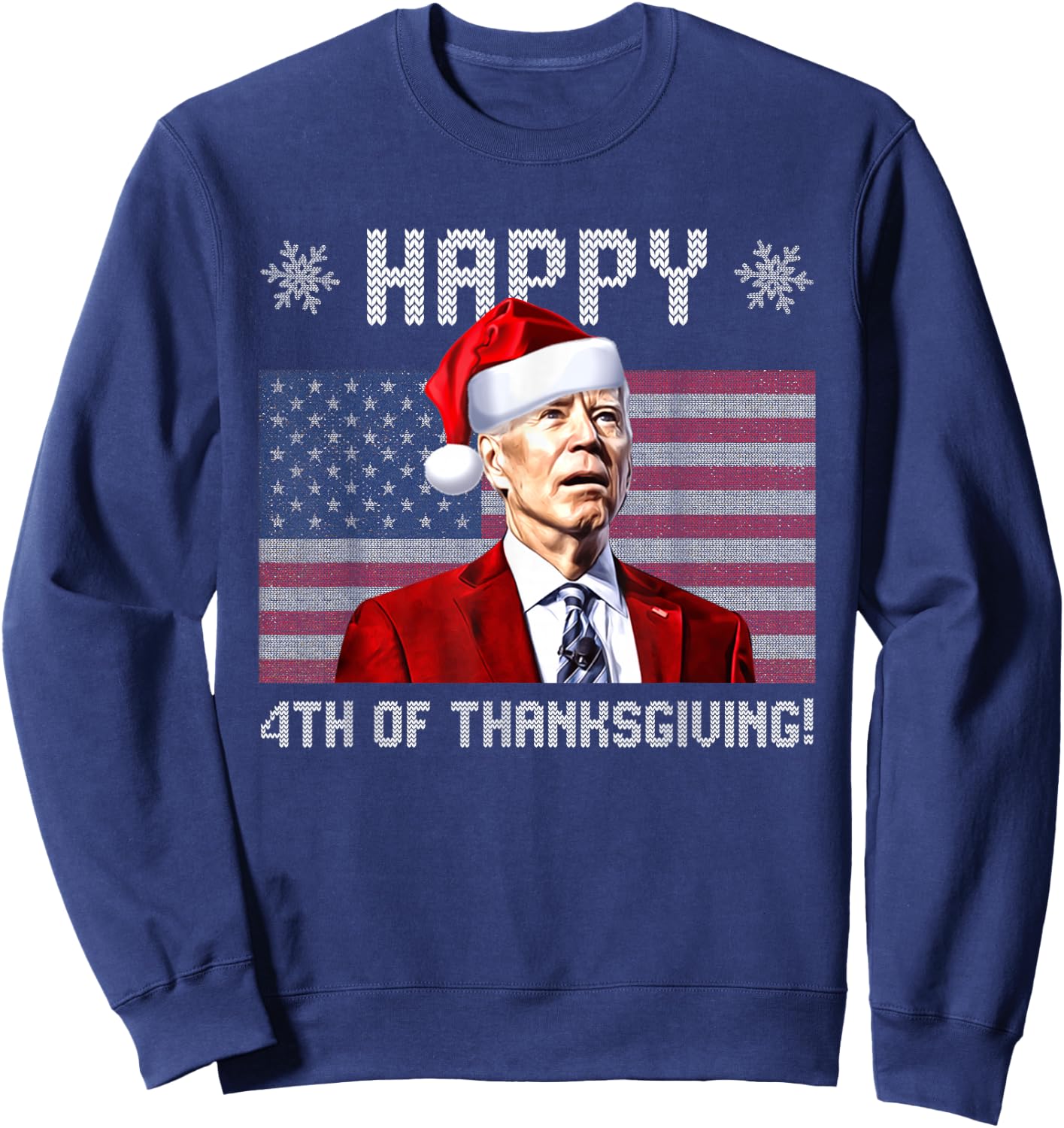 Happy 4th of Thanksgiving Christmas Biden Santa USA Flag Sweatshirt - Sweatshirt | Navy