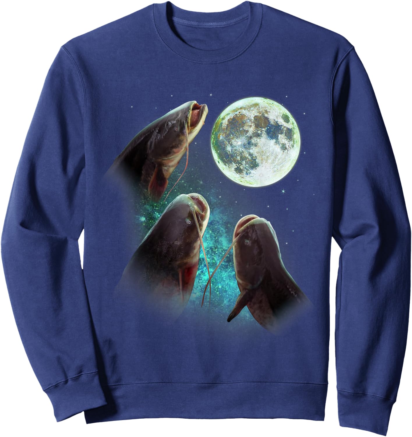 Fisherman Three Catfish Howl At Moon Wolfs Wolves Parody Sweatshirt - Sweatshirt | Navy