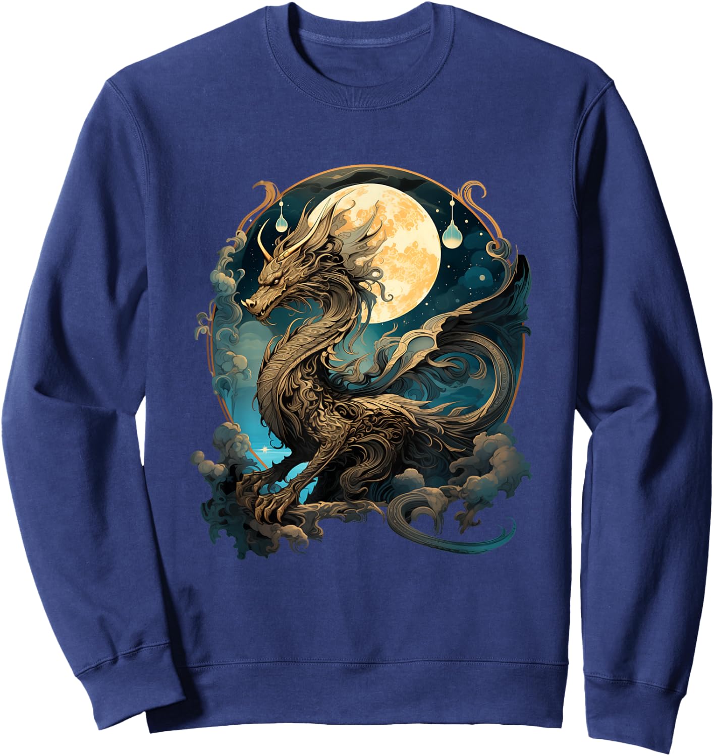 Beautiful Lunar Gold Dragon Floral Art Noveau Sweatshirt - Sweatshirt | Navy
