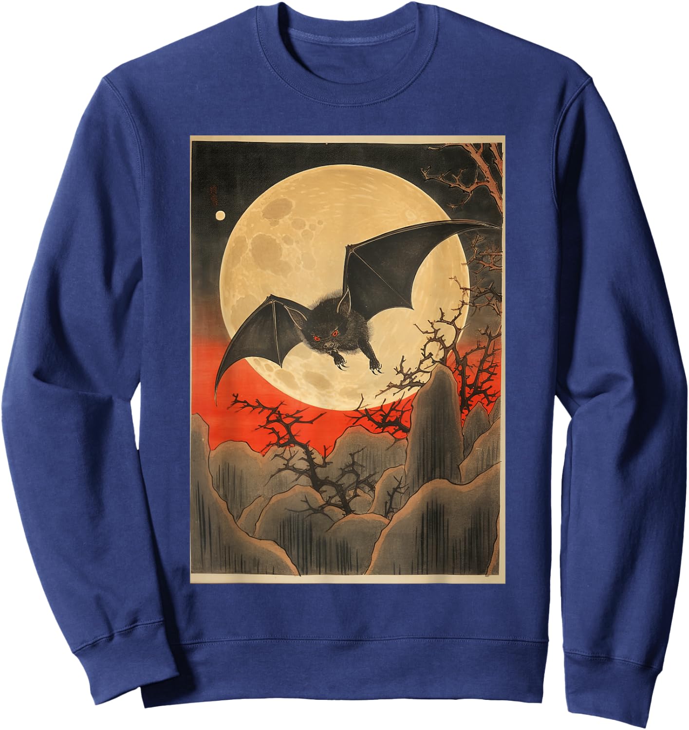 Japanese Woodblock Art 1905 Bat in Moon Meiji Era Sweatshirt - Sweatshirt | Navy