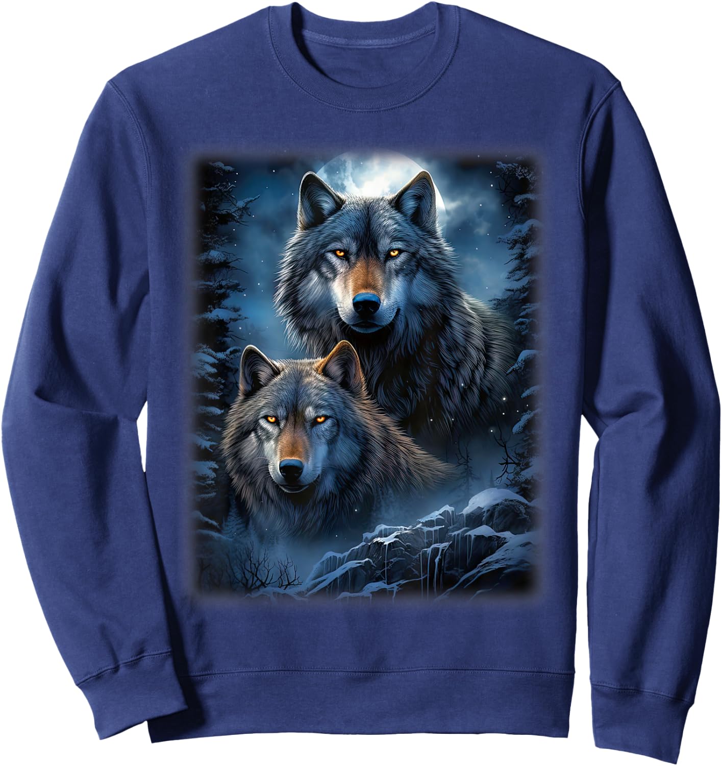 Wolf Wolves in Forest by Night Moon Fantasy Art Wildlife Sweatshirt - Sweatshirt | Navy