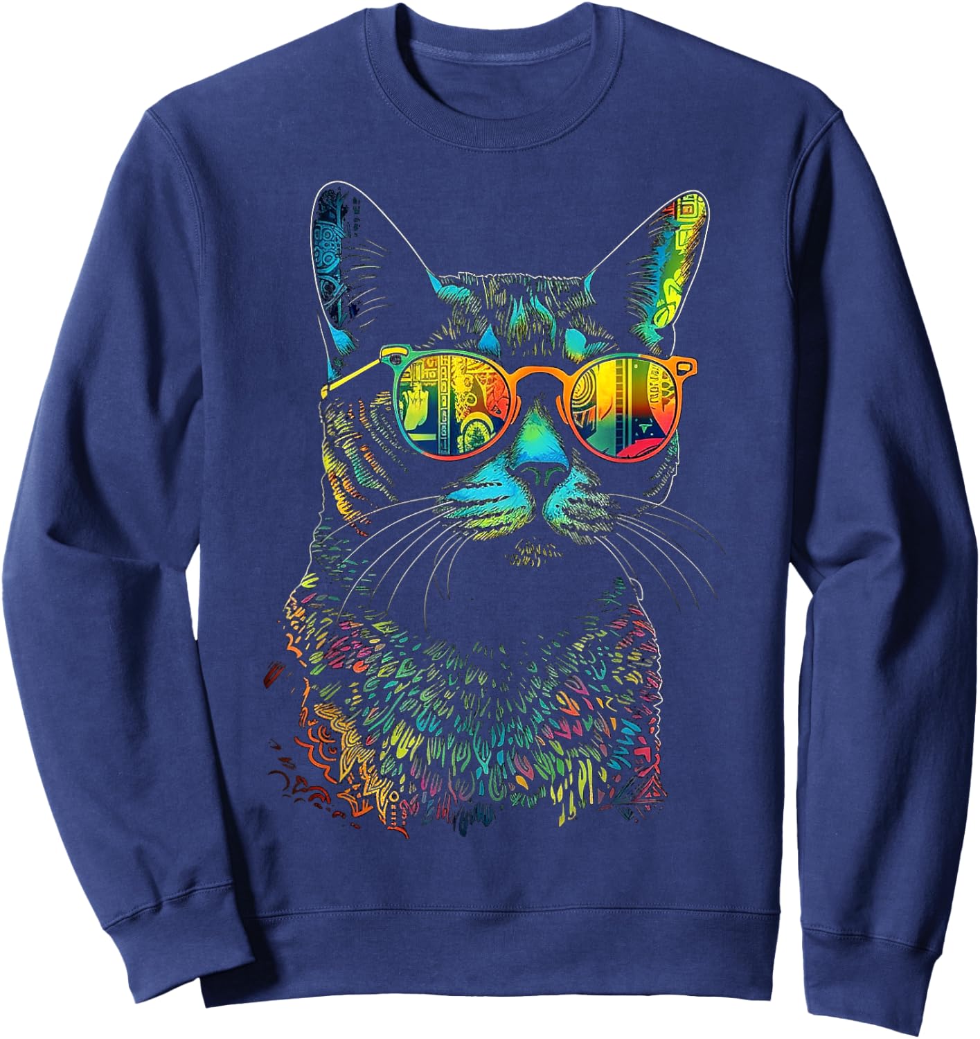 Cat Sunglaess Colorful Artwork | Animal Motif Cat Sweatshirt - Sweatshirt | Navy