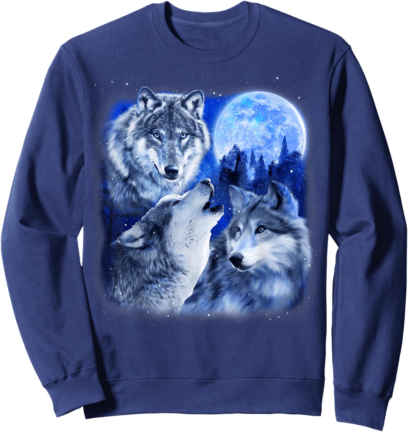 Three Wolves 3 Grey Wolf Howling At The Moon Wild Animal Sweatshirt - Sweatshirt | Navy
