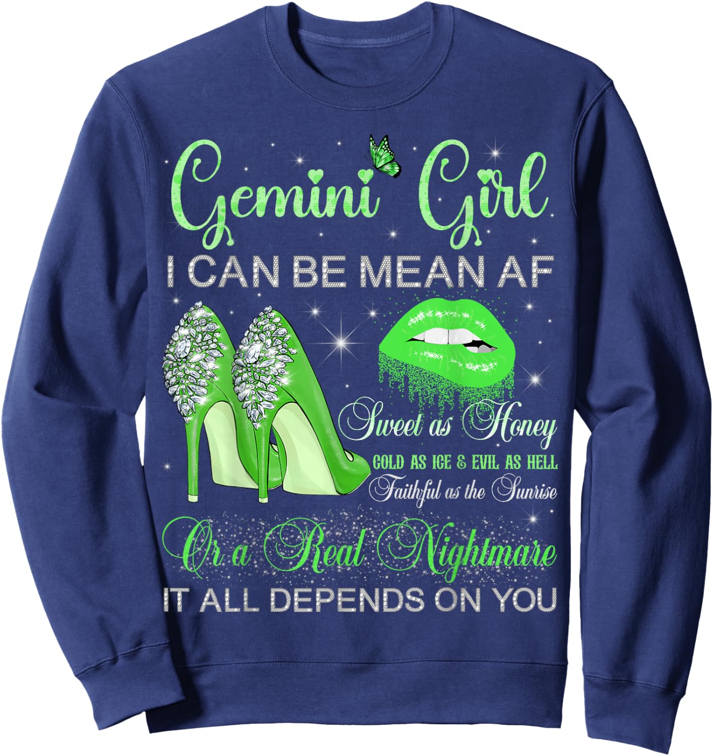 Gemini Girl Birthday High Heels Dripping Lips Butterfly Sweatshirt - Sweatshirt | Navy