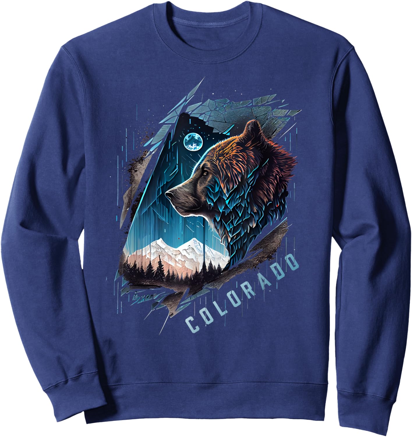 Colorado Mountain Bear - Bear, Moon, & Stars Retro Sweatshirt - Sweatshirt | Navy
