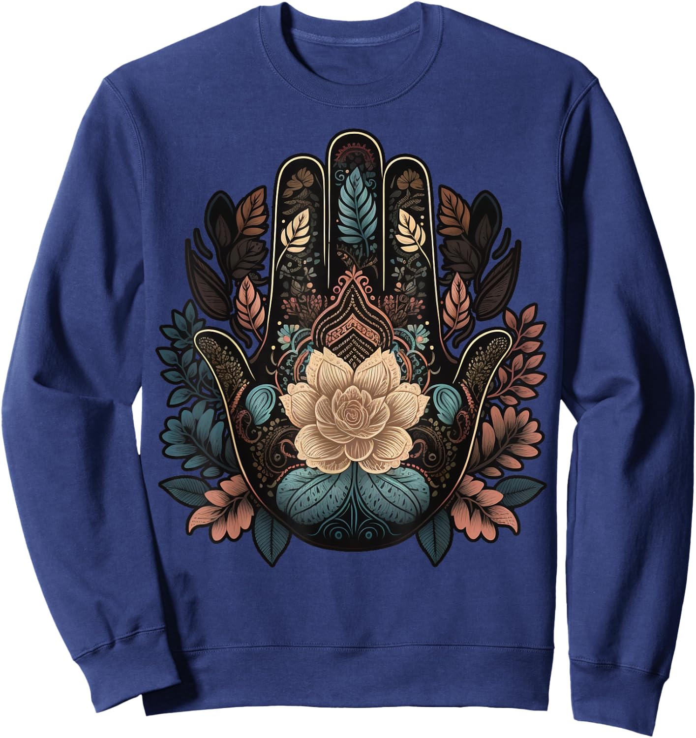 Floral Khamsah or Hand of Fatima on flower Hand of Hamsa Sweatshirt - Sweatshirt | Navy