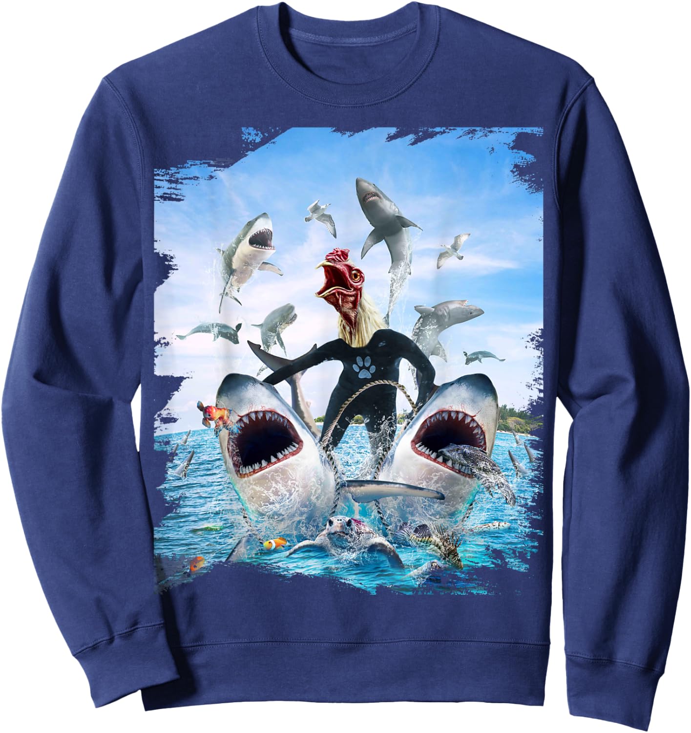 Chicken Riding Shark Sharks At Beach Ocean Funny Sweatshirt - Sweatshirt | Navy