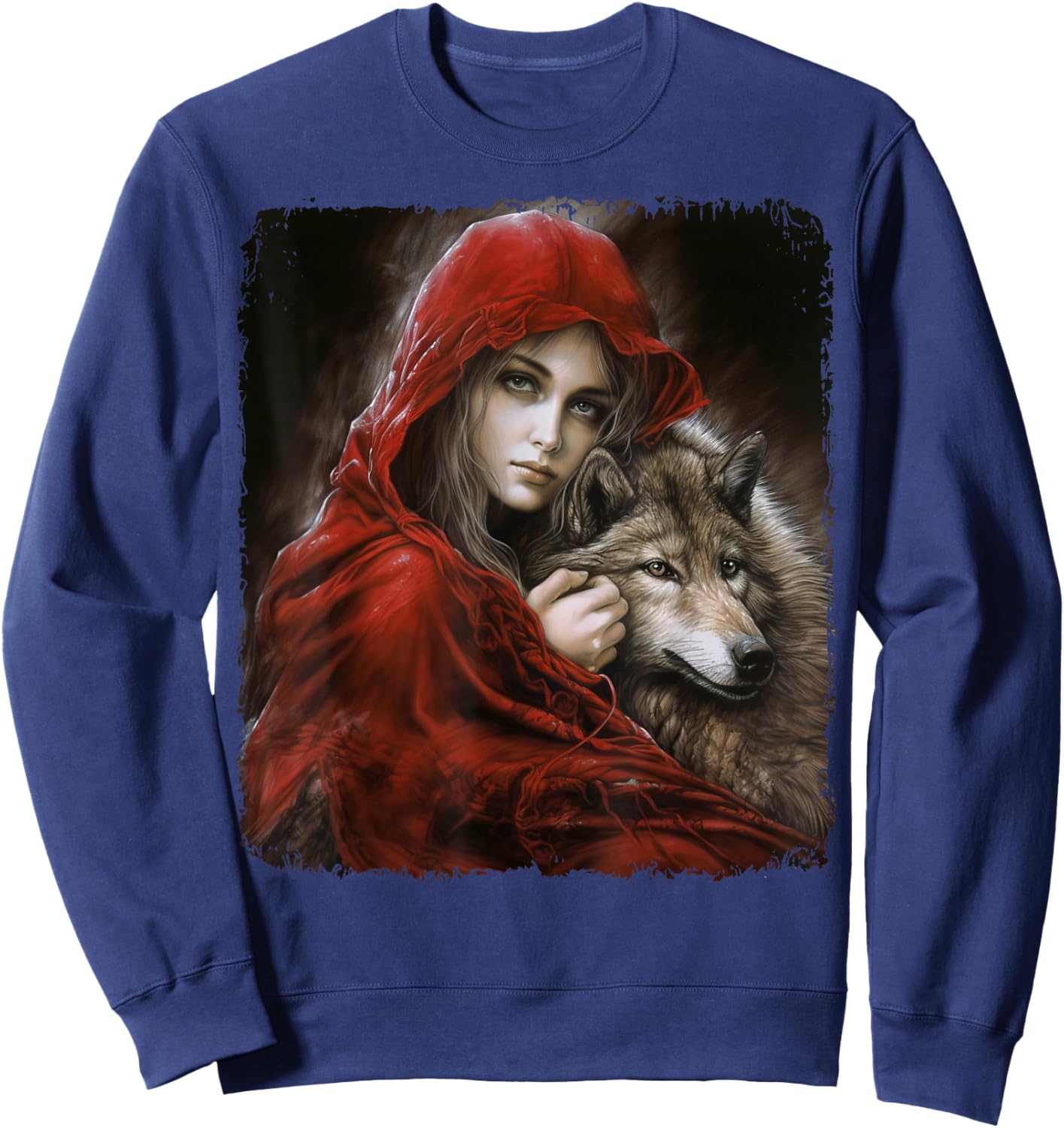 Woman with Hood in red and Gray Wolf Fantasy Art Painting Sweatshirt - Sweatshirt | Navy