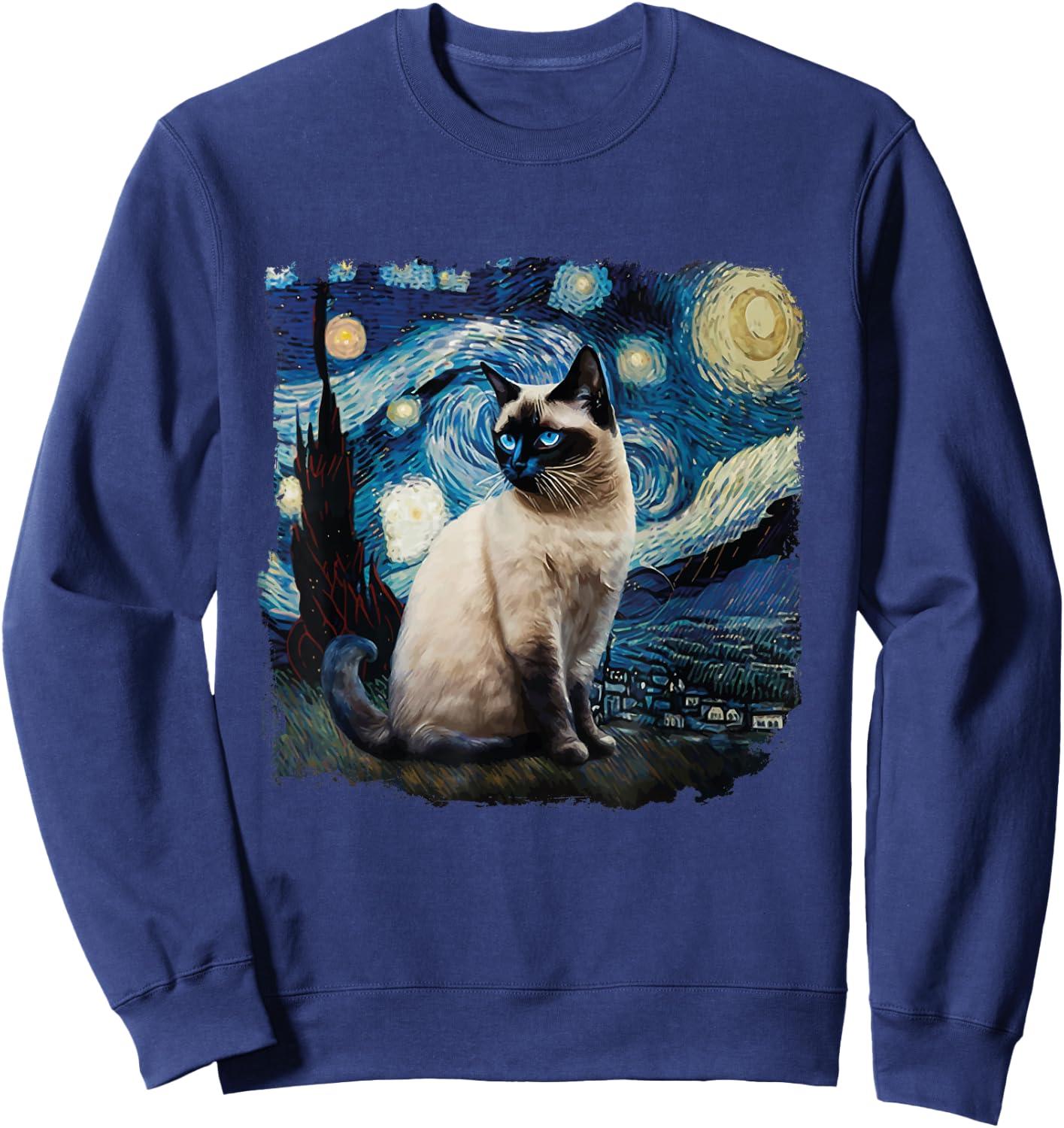 Cute Van Gogh Starry Night Cat Siamese Cat Lover Funny Sweatshirt - Sweatshirt | Navy