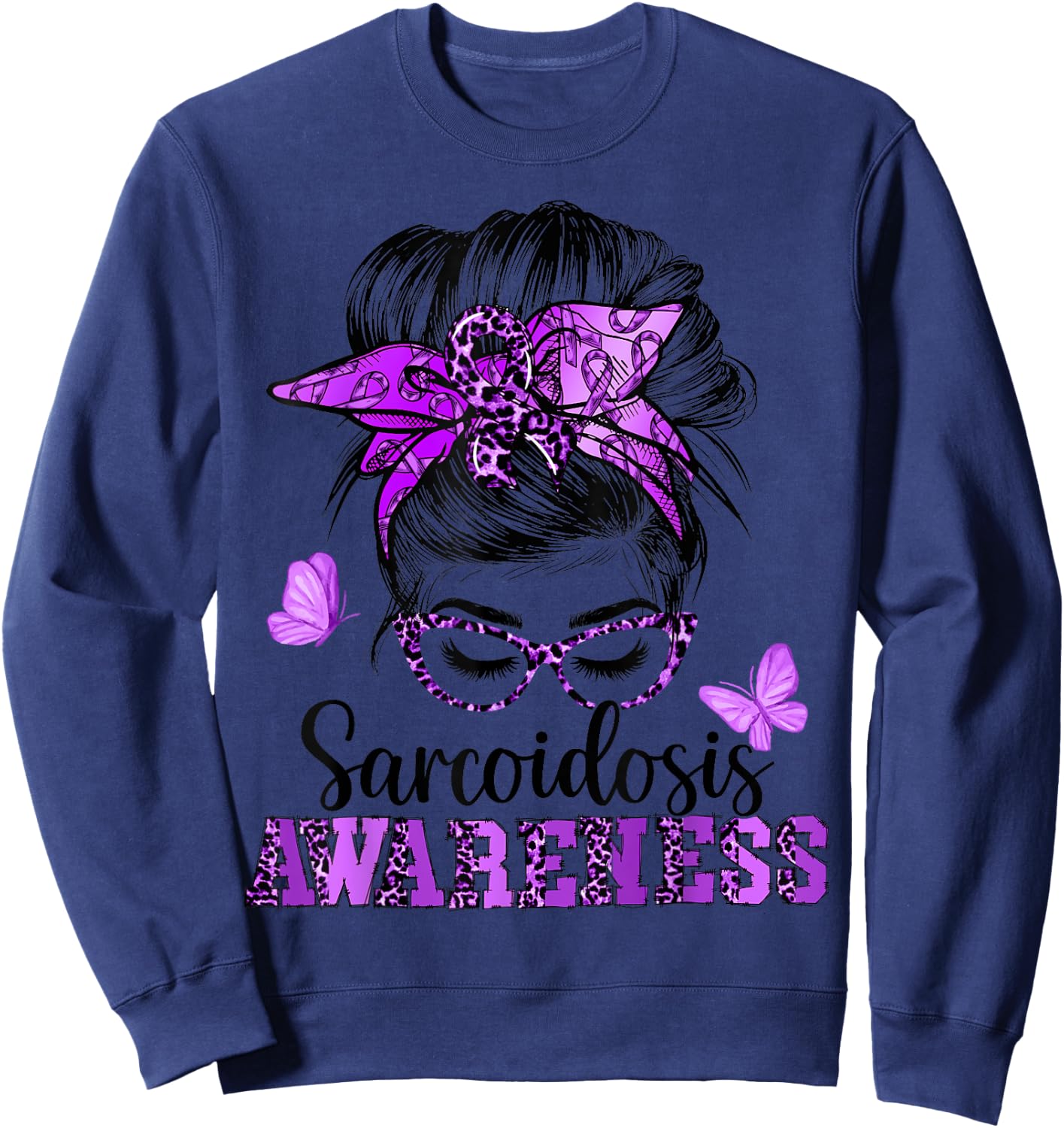 Messy Hair Bun Purple Ribbon Butterfly Sarcoidosis Awareness Sweatshirt - Sweatshirt | Navy