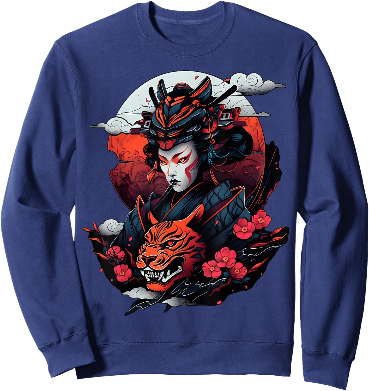 Samurai and Tiger Bold Graphic with Traditional Japanese Art Sweatshirt - Sweatshirt | Navy