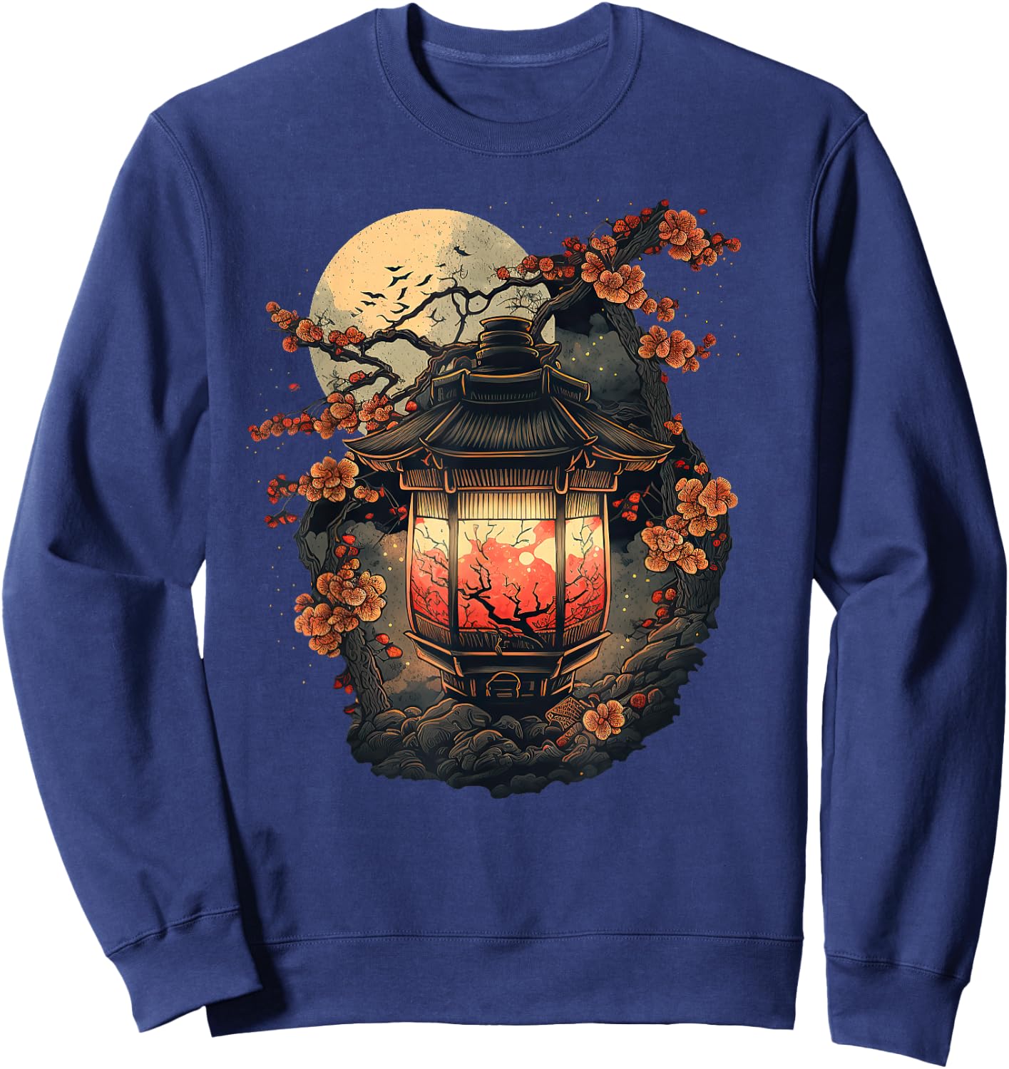 Japan Art Japanese Pagoda Lantern Sakura Blossom Aesthetic Sweatshirt - Sweatshirt | Navy