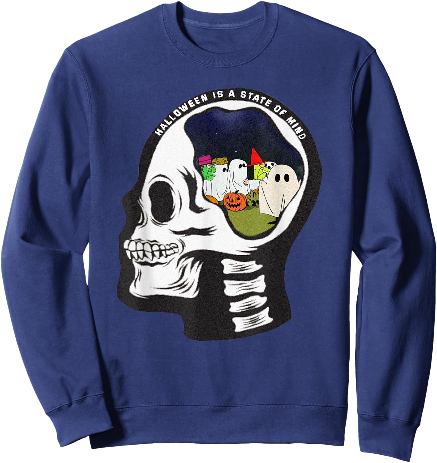 Halloween is a State of Mind Pumpkin Ghost Skeleton Retro Sweatshirt - Sweatshirt | Navy