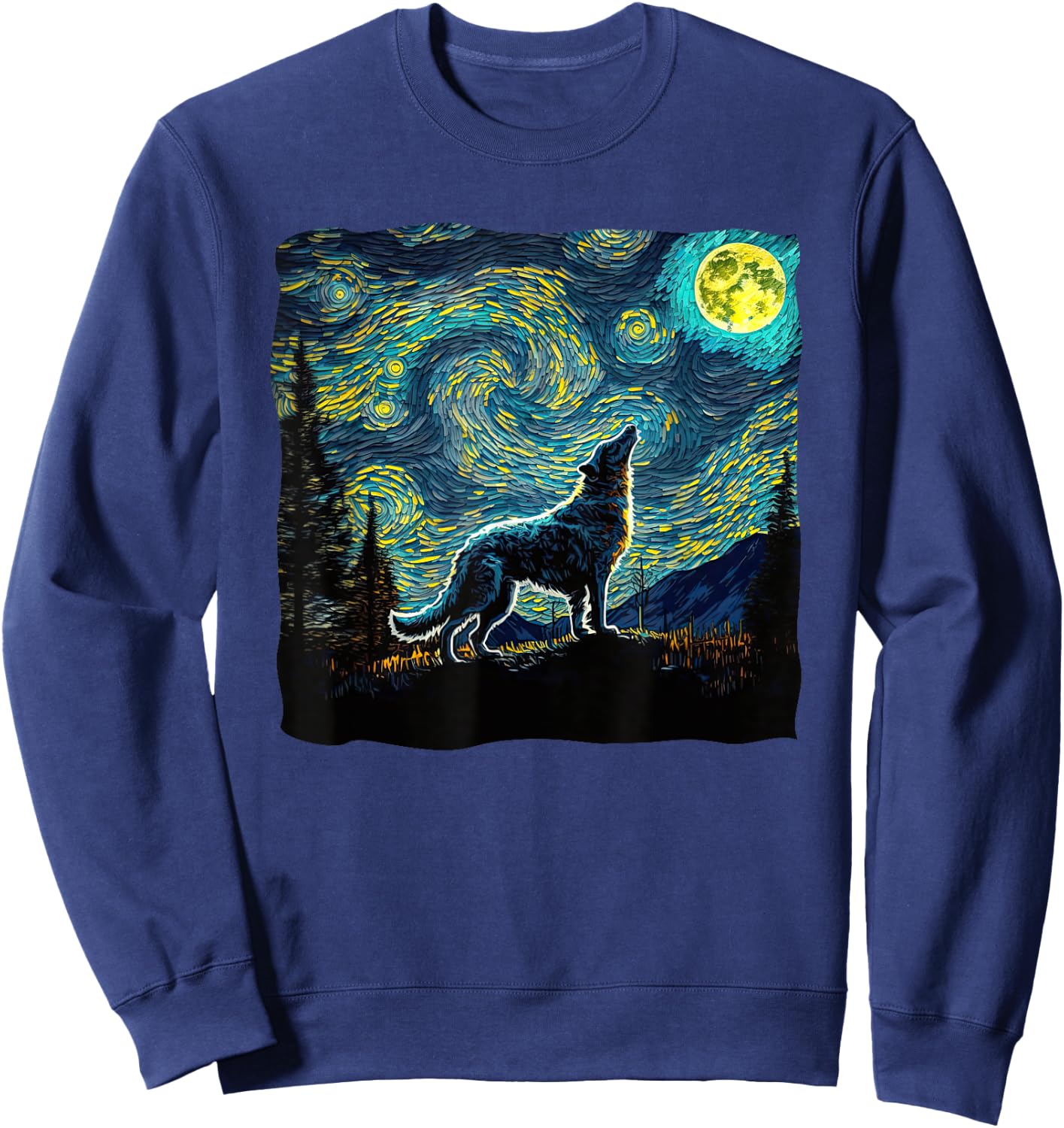 Wolf Starry Night Wilderness Howling Moon Van Gogh Painting Sweatshirt - Sweatshirt | Navy