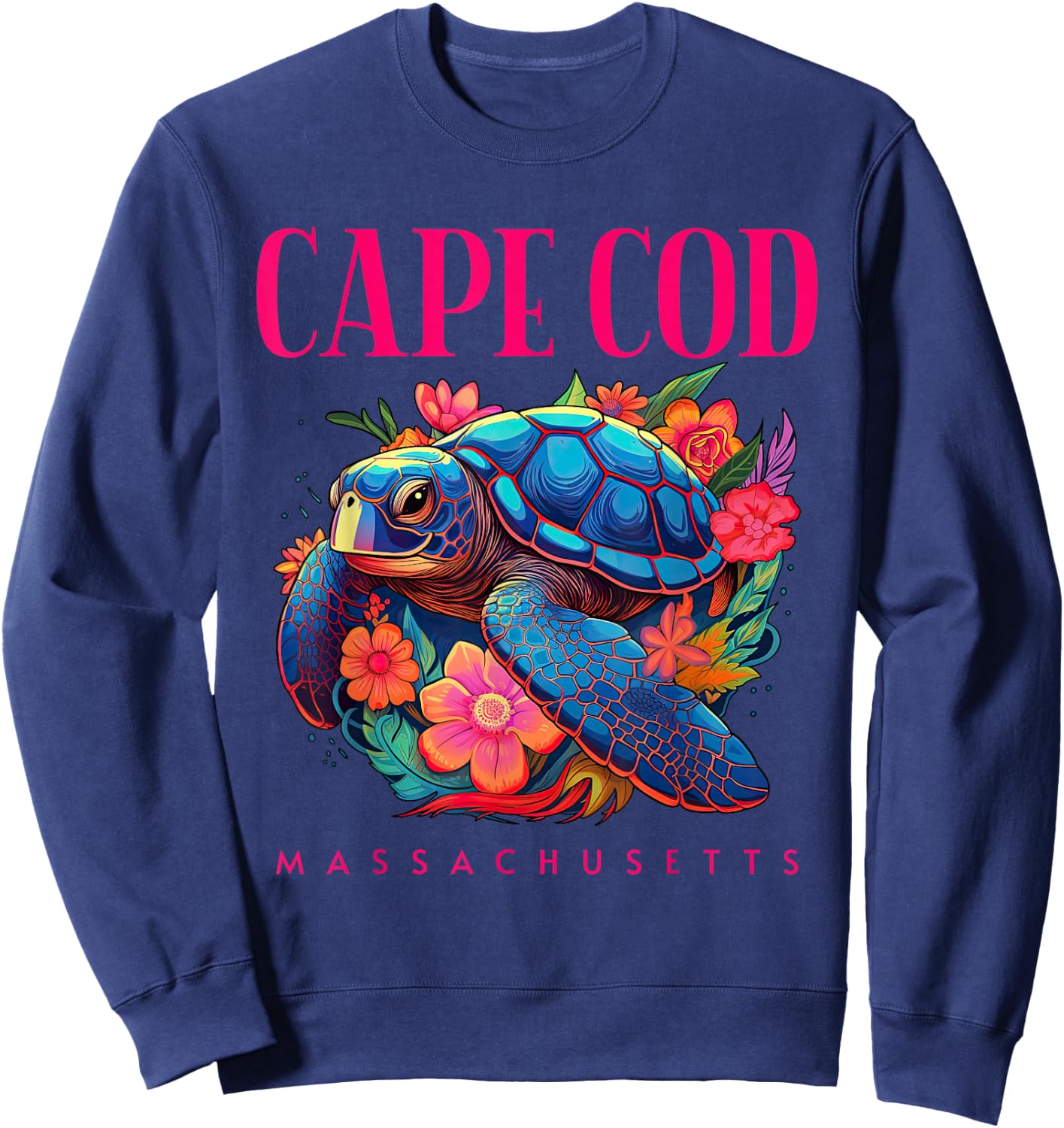 Cape Cod Massachusetts Floral Beach Turtle Souvenir Sweatshirt - Sweatshirt | Navy