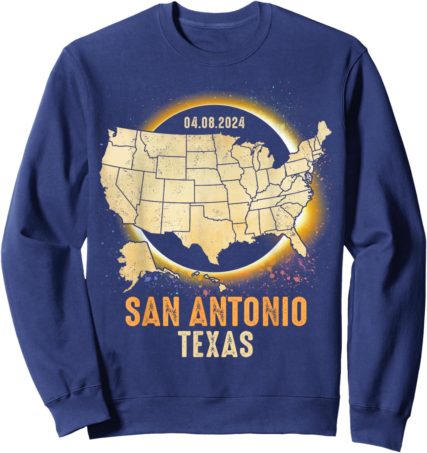 Total Solar Eclipse 2024 San Antonio Texas USA Map Colorful Sweatshirt - Sweatshirt | Navy