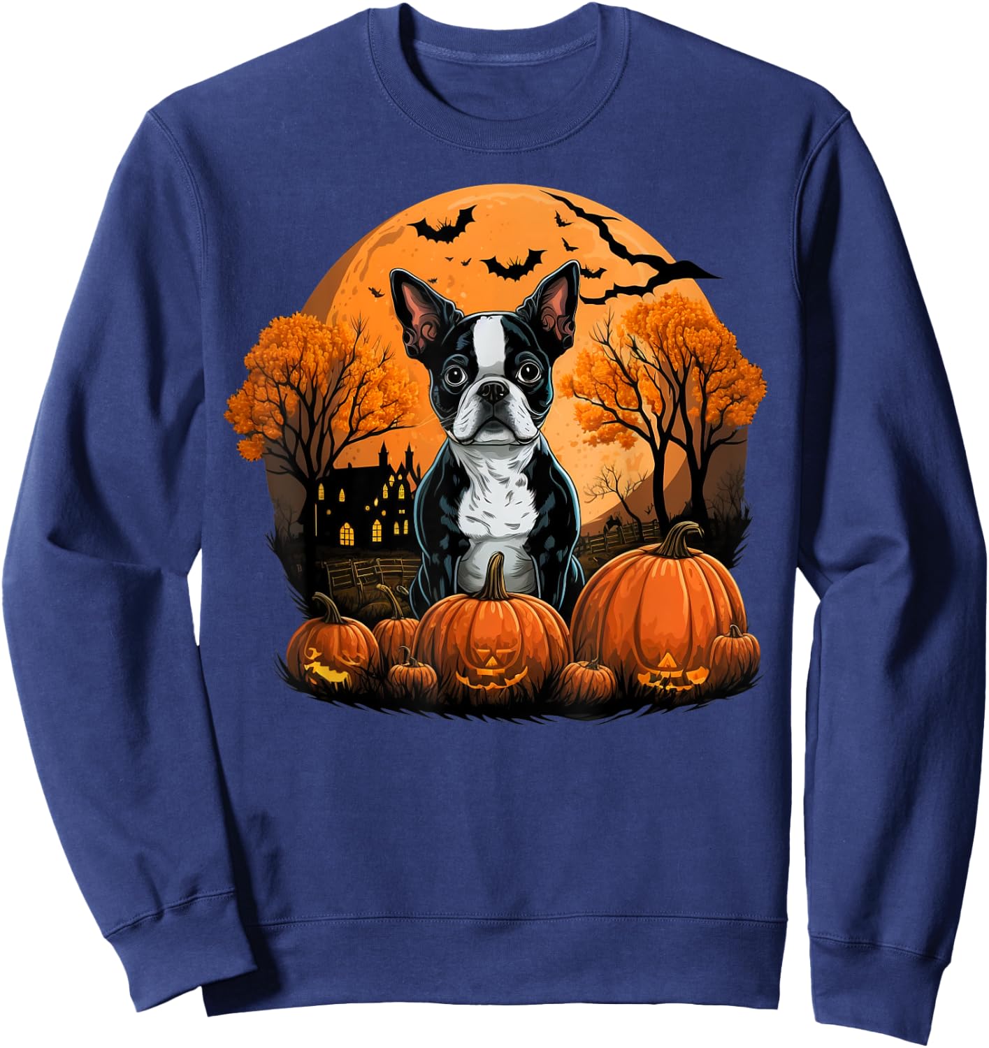 Pumpkin Boston Terrier costume on Boston Terrier Halloween Sweatshirt - Sweatshirt | Navy