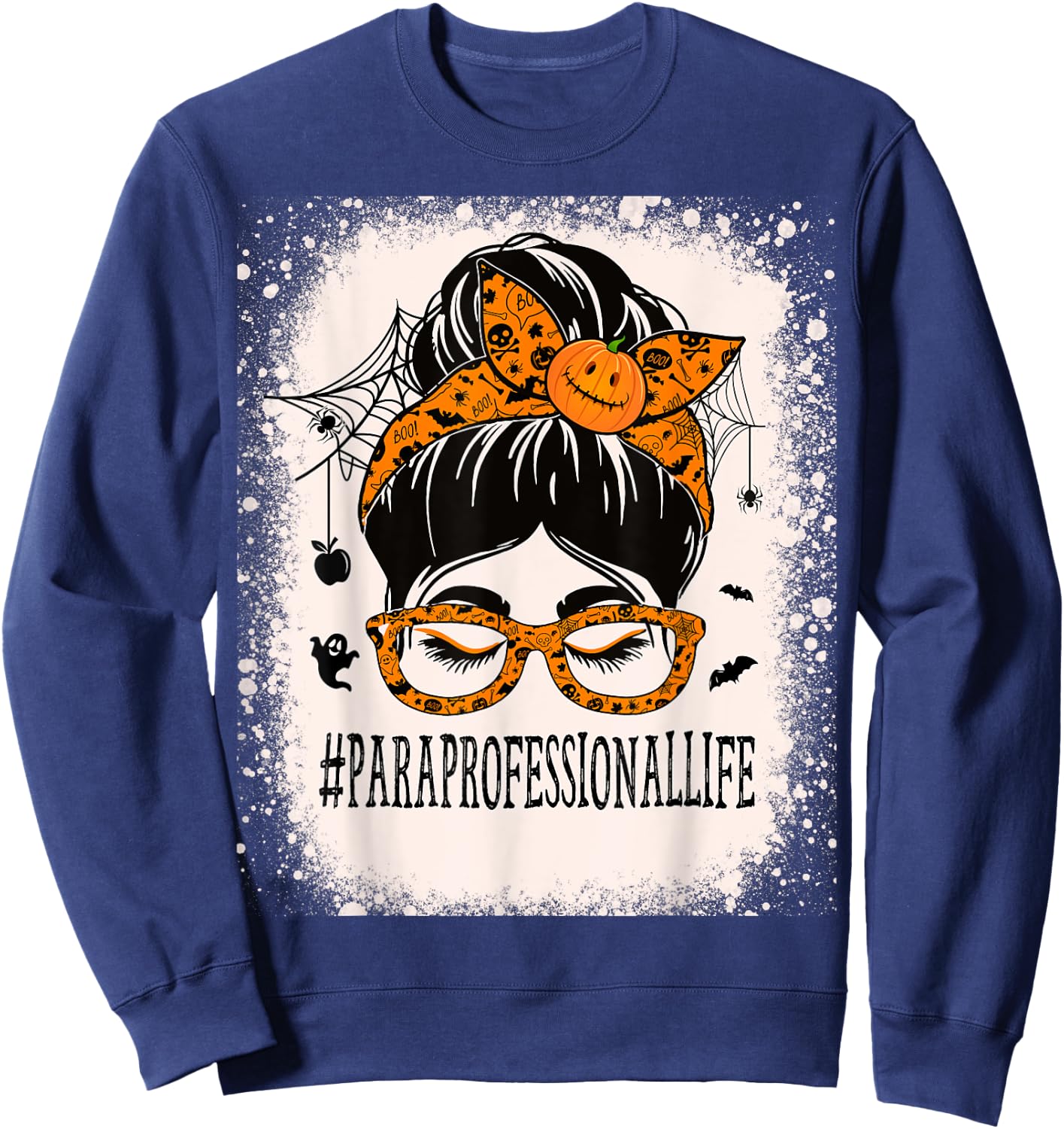 Paraprofessional Halloween Messy Bun Paraeducator Sweatshirt - Sweatshirt | Navy