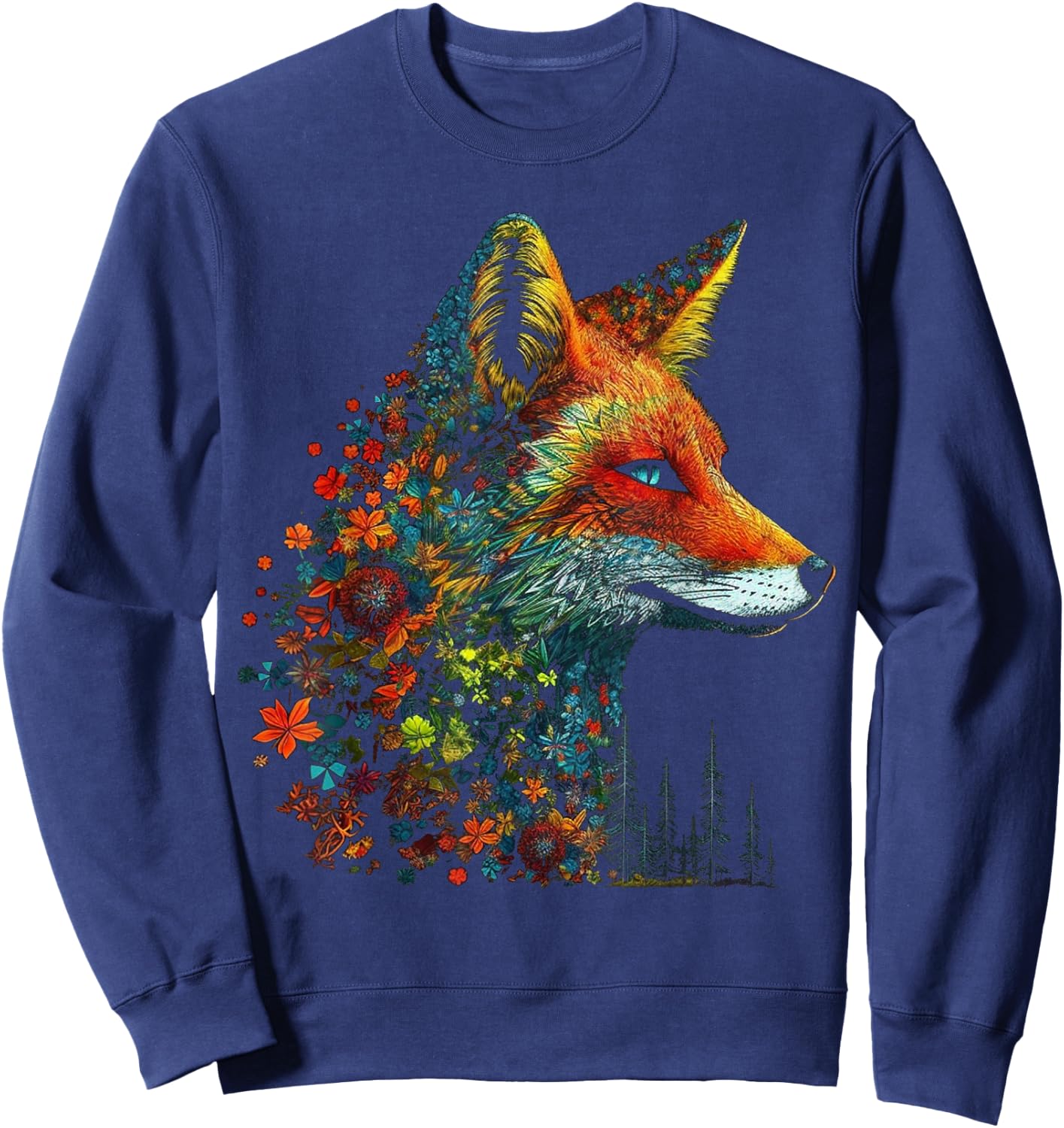 Fox Colourful Flowers - Blue Eyes Animal Art Fox Sweatshirt - Sweatshirt | Navy