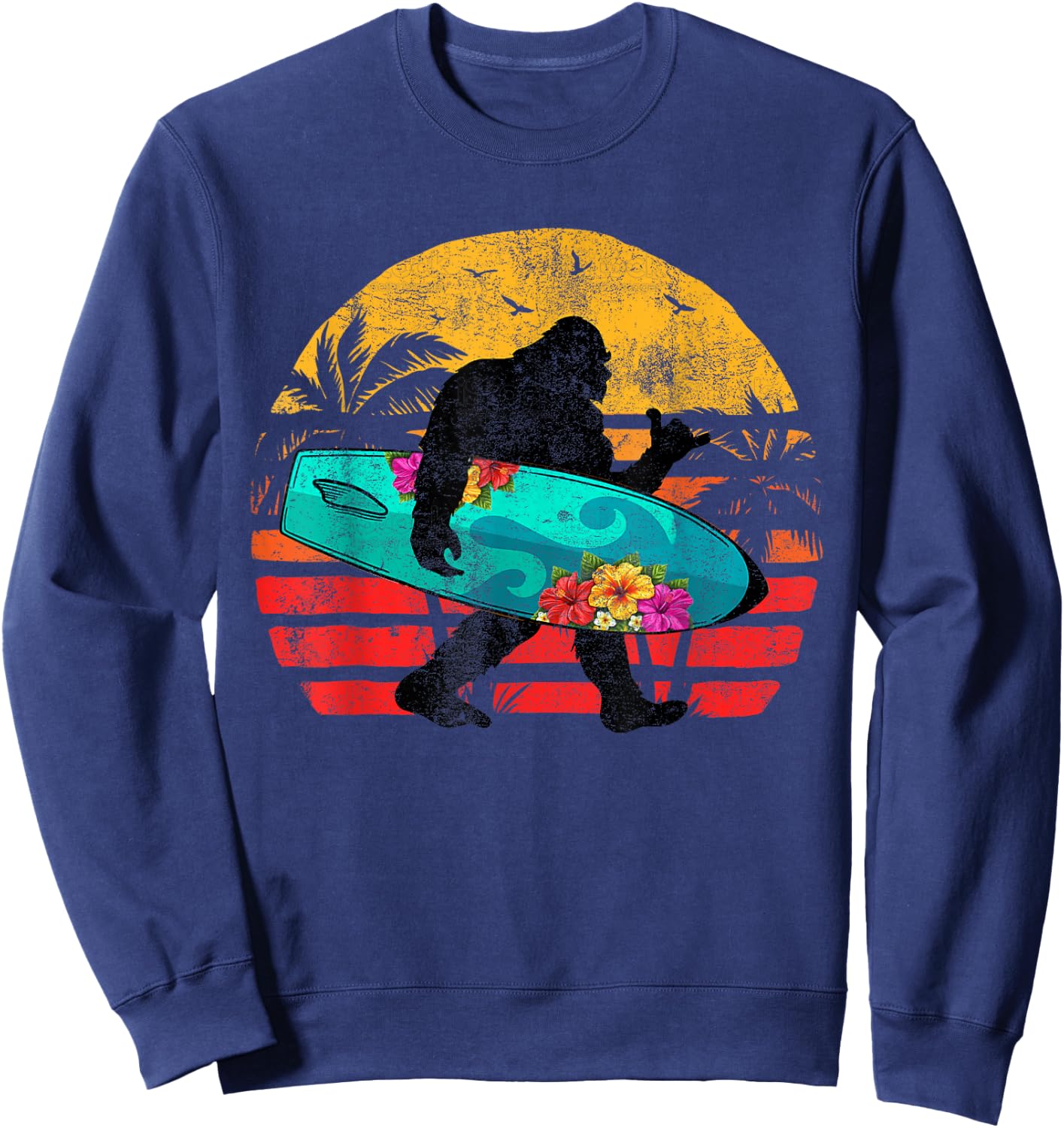 Funny Shaka Aloha Bigfoot Surfing Retro Hawaii Surfer Lover Sweatshirt - Sweatshirt | Navy