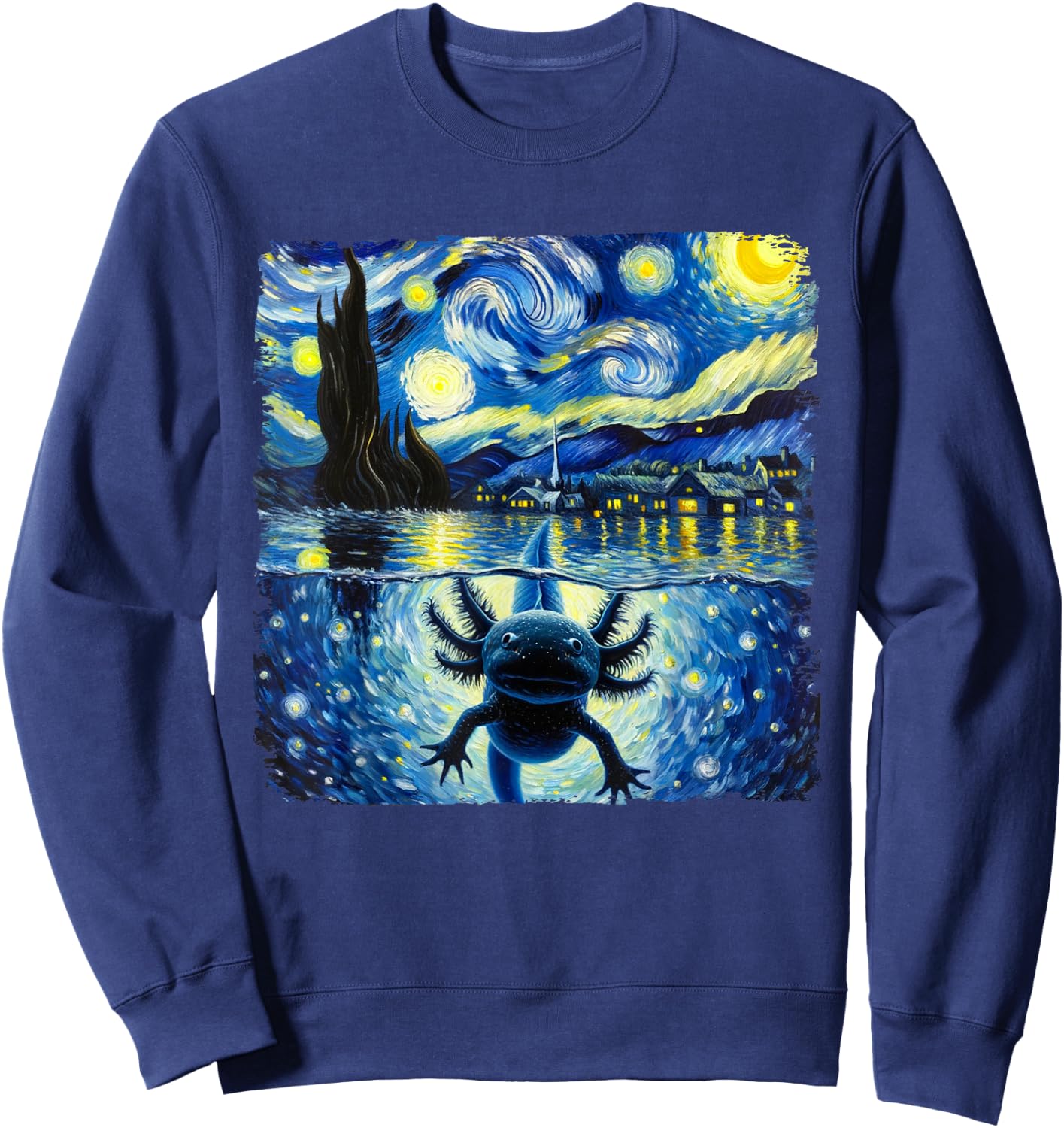 Graphic Axolotls Starry Night Outfit Van Gogh Axolotl Animal Sweatshirt - Sweatshirt | Navy