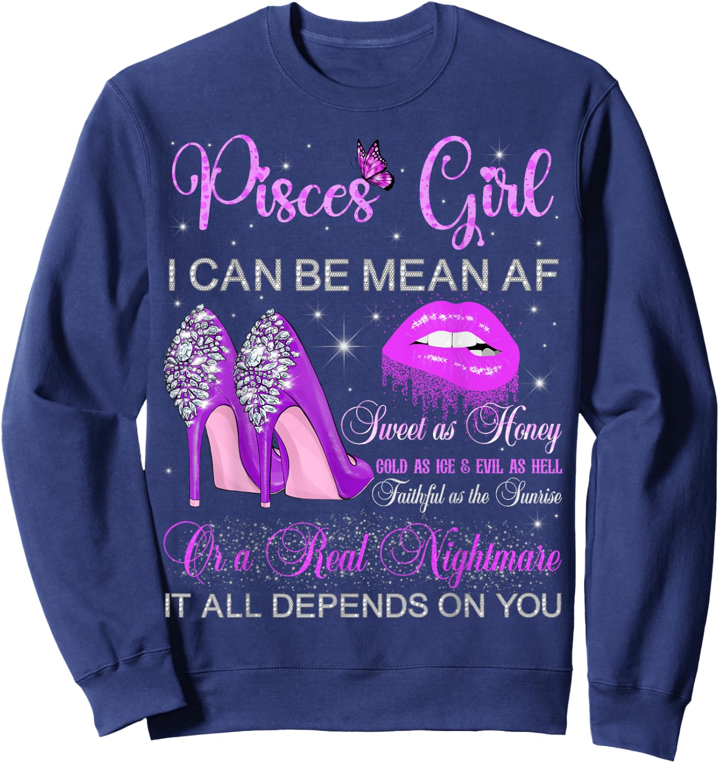 Pisces Girl Birthday High Heels Dripping Lips Zodiac Women Sweatshirt - Sweatshirt | Navy