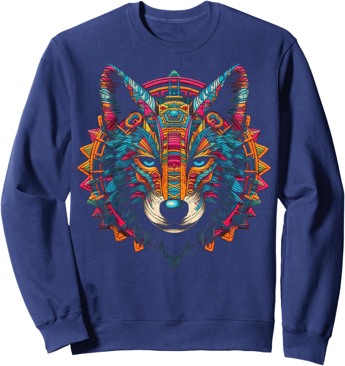 Wolf Mandala Artwork | Animal Motif Wolf Sweatshirt - Sweatshirt | Navy