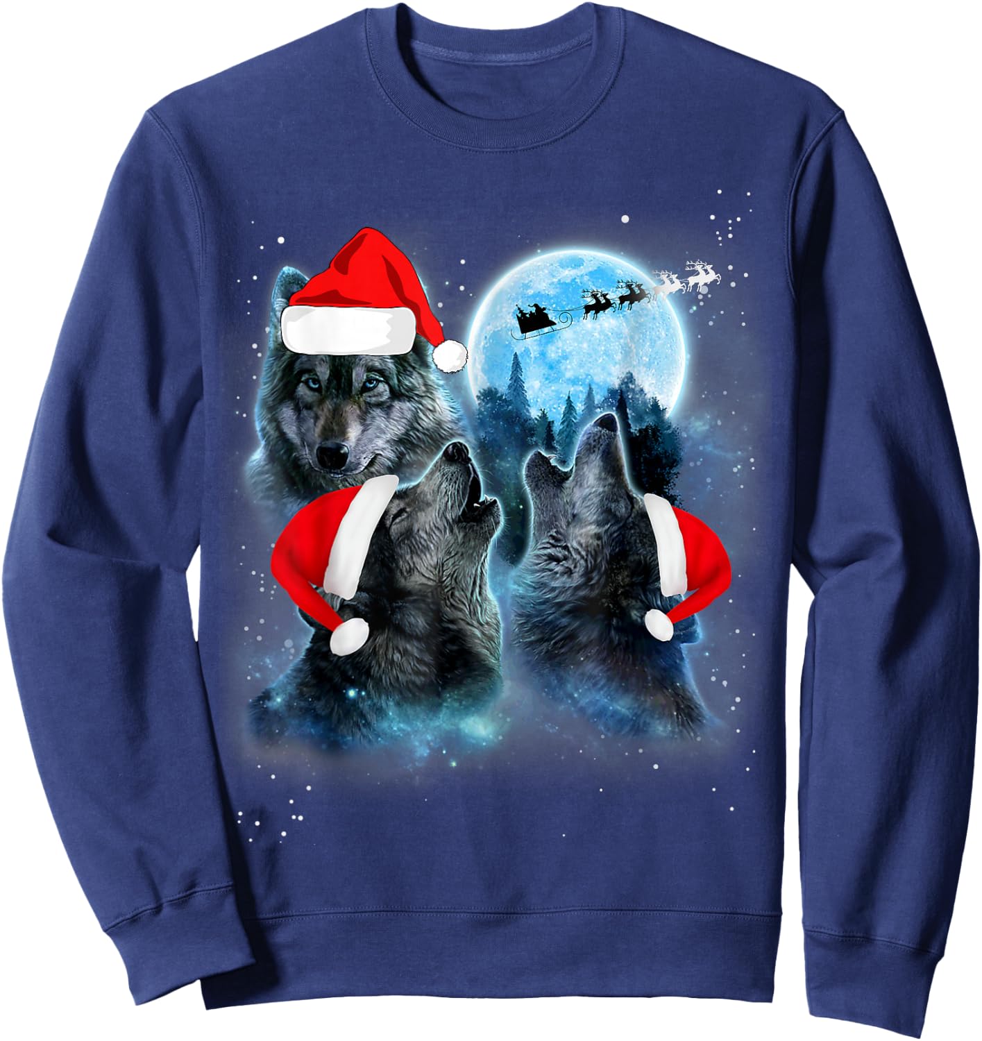 Three Wolves Howling Under Moon Christmas Santa Wolf Lover Sweatshirt - Sweatshirt | Navy