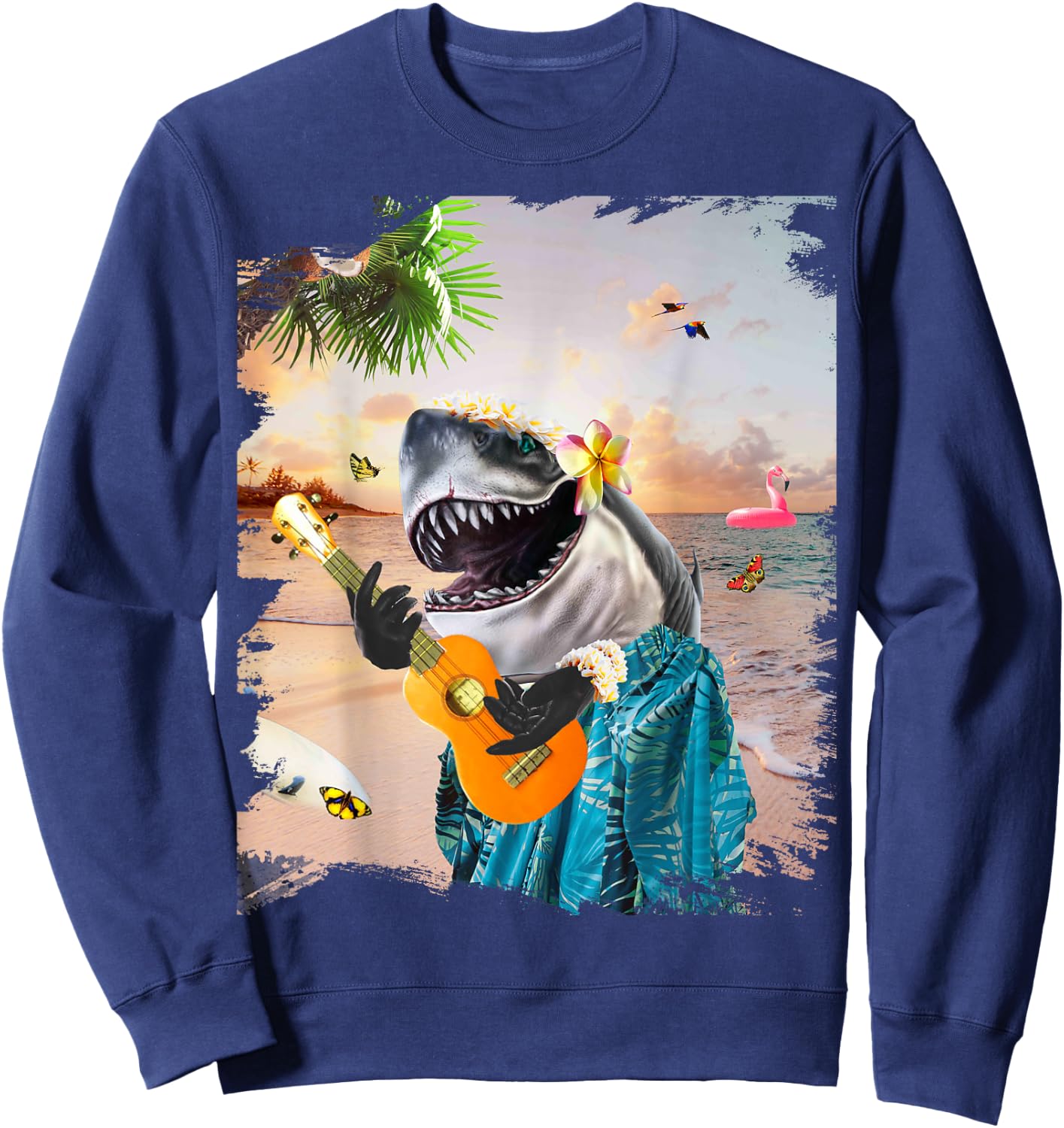 Aloha Hawaiian Shark Playing Ukulele Beach Funny Men Women Girls Kids Sweatshirt - Sweatshirt | Navy