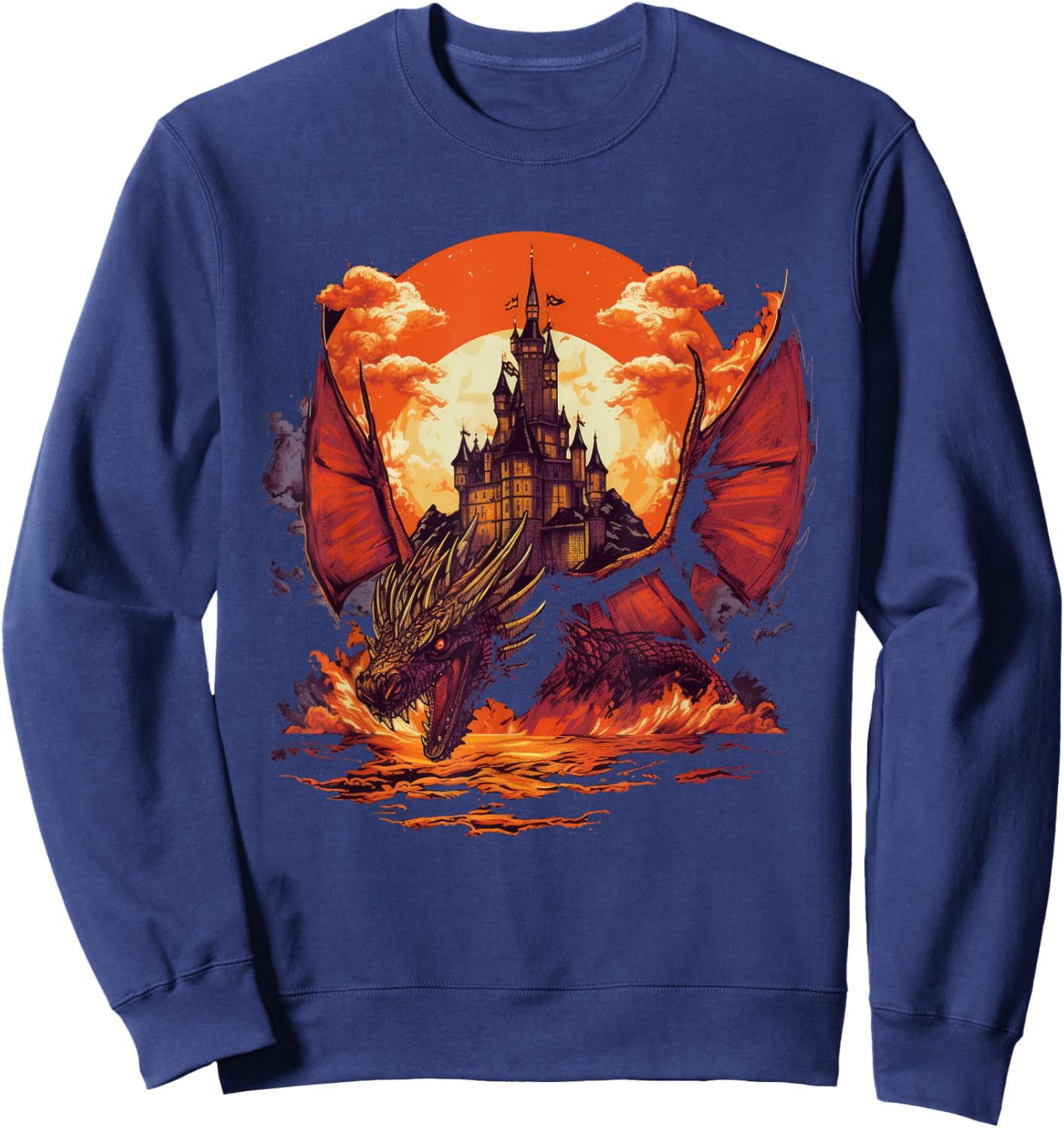 Fire Dragon Fantasy Scene With Castle Sweatshirt - Sweatshirt | Navy