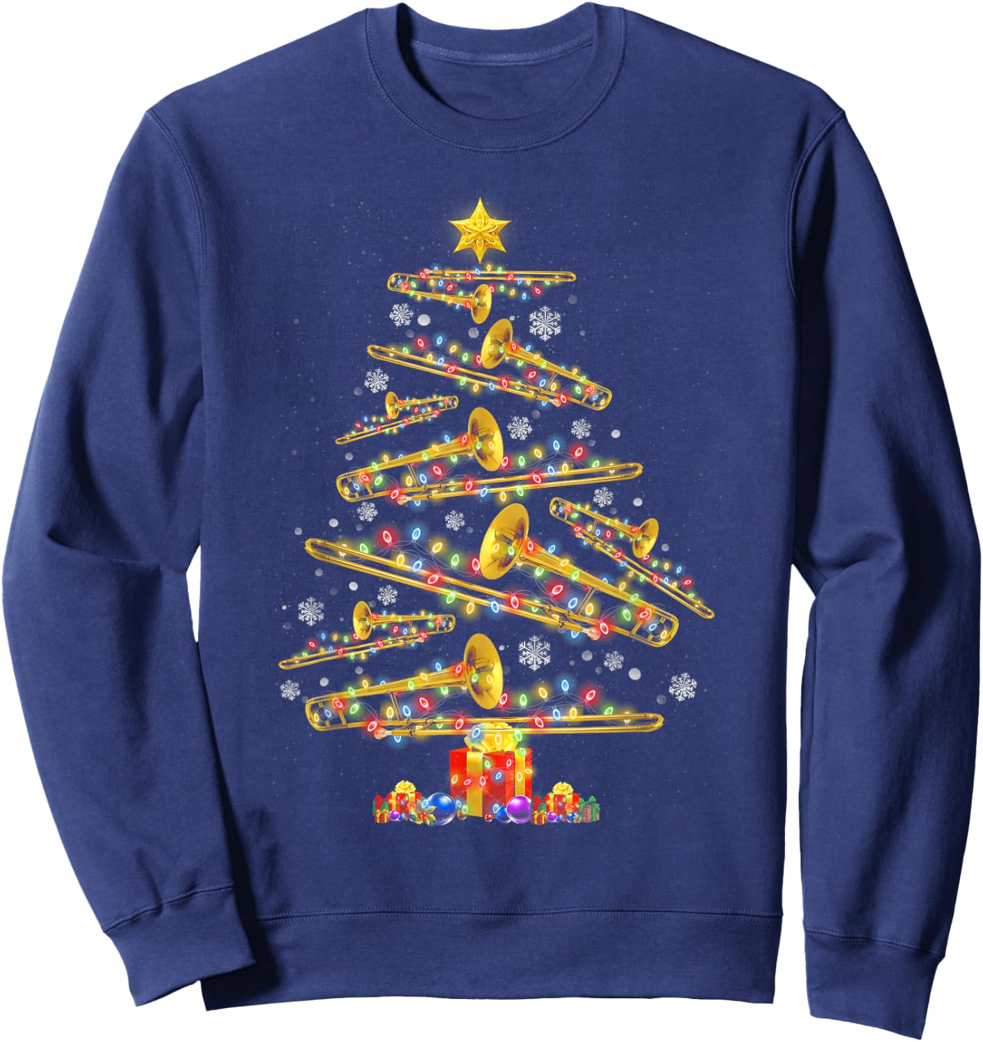Christmas Trombone Player Xmas Tree Jazz Music Lover Santa Sweatshirt - Sweatshirt | Navy