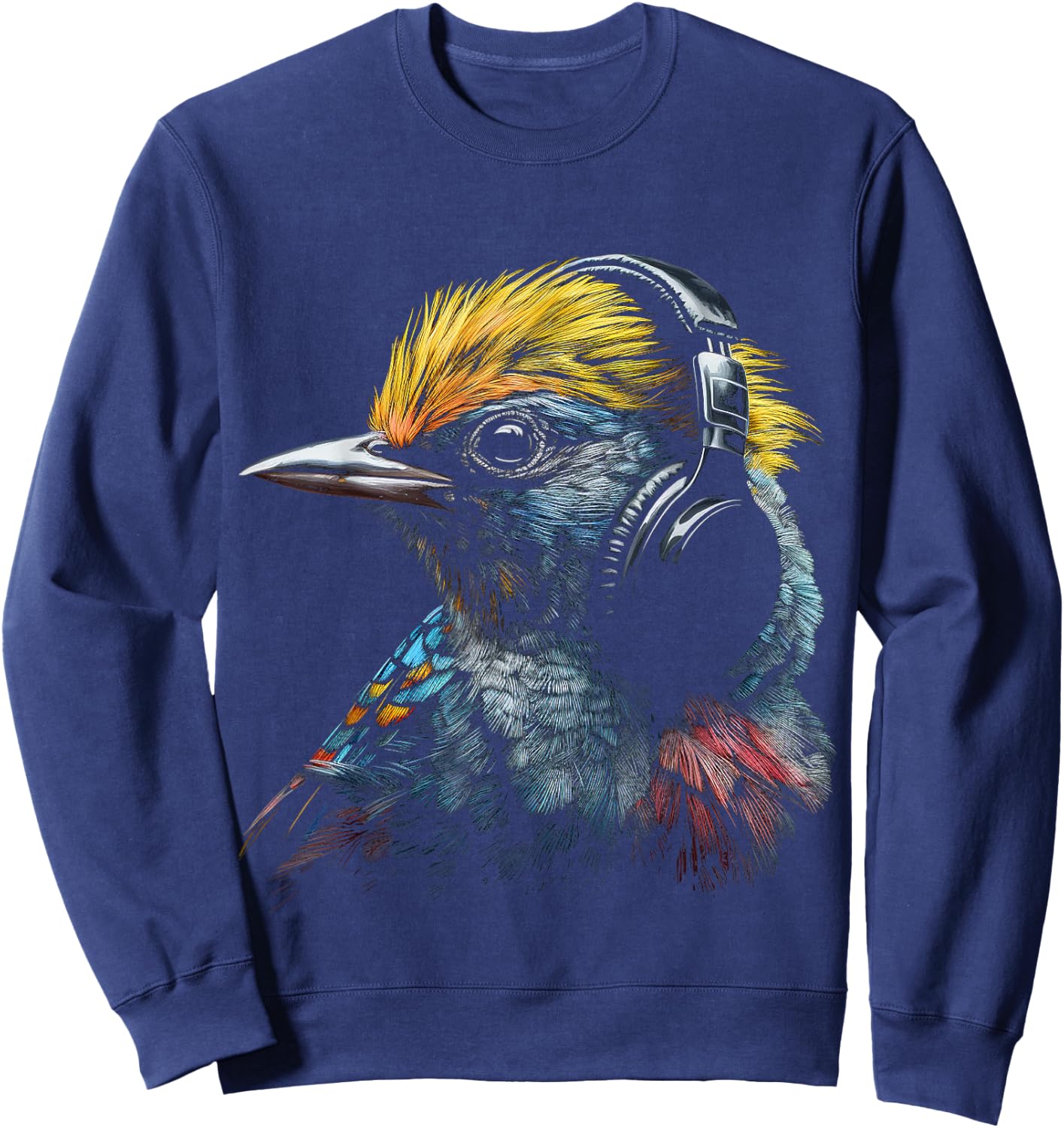 Bird Headphones Artwork | Music Animal Motif Bird Sweatshirt - Sweatshirt | Navy