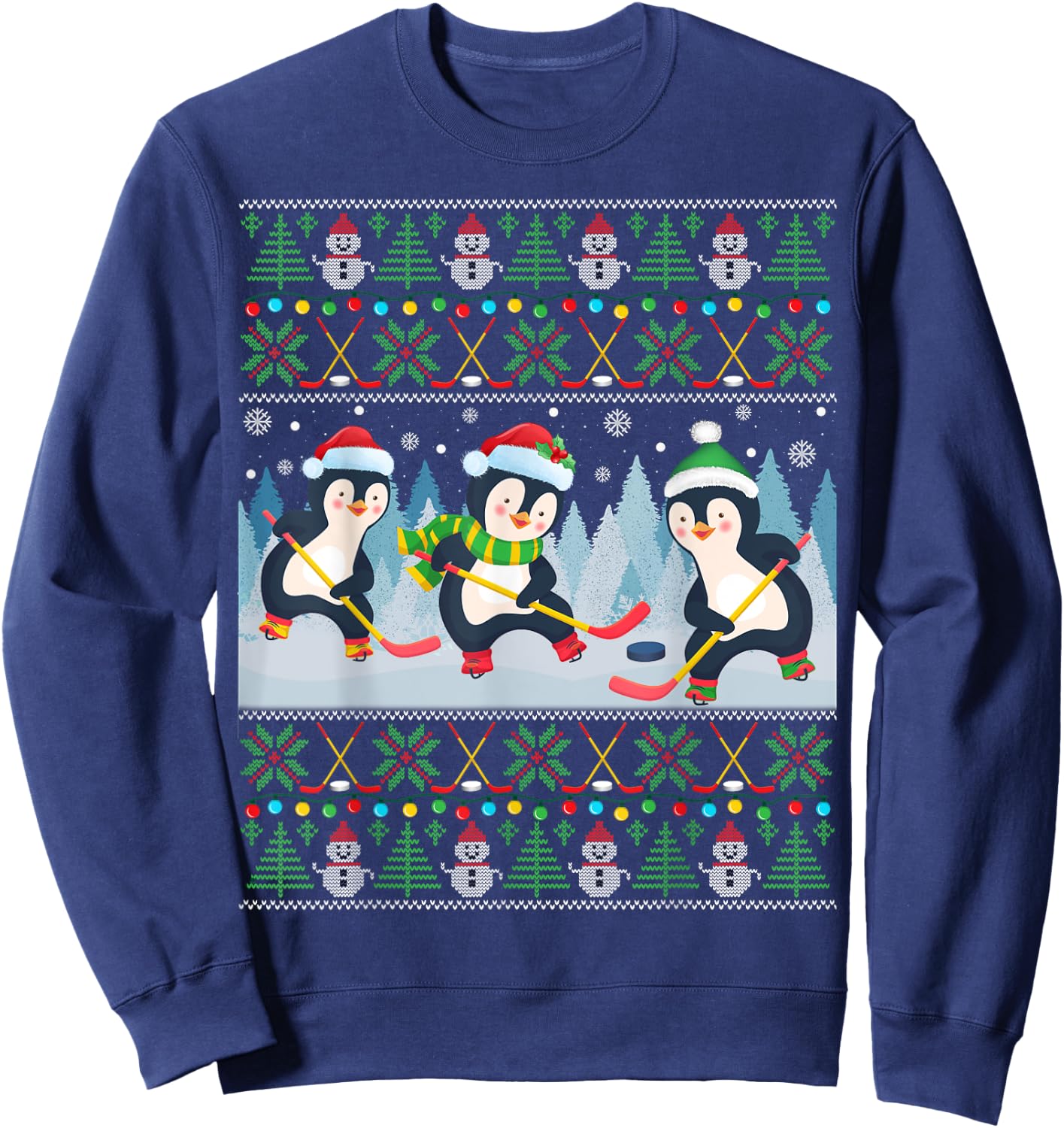 Penguin Playing Hockey Ugly Christmas Sweater Penguin Santa Sweatshirt - Sweatshirt | Navy